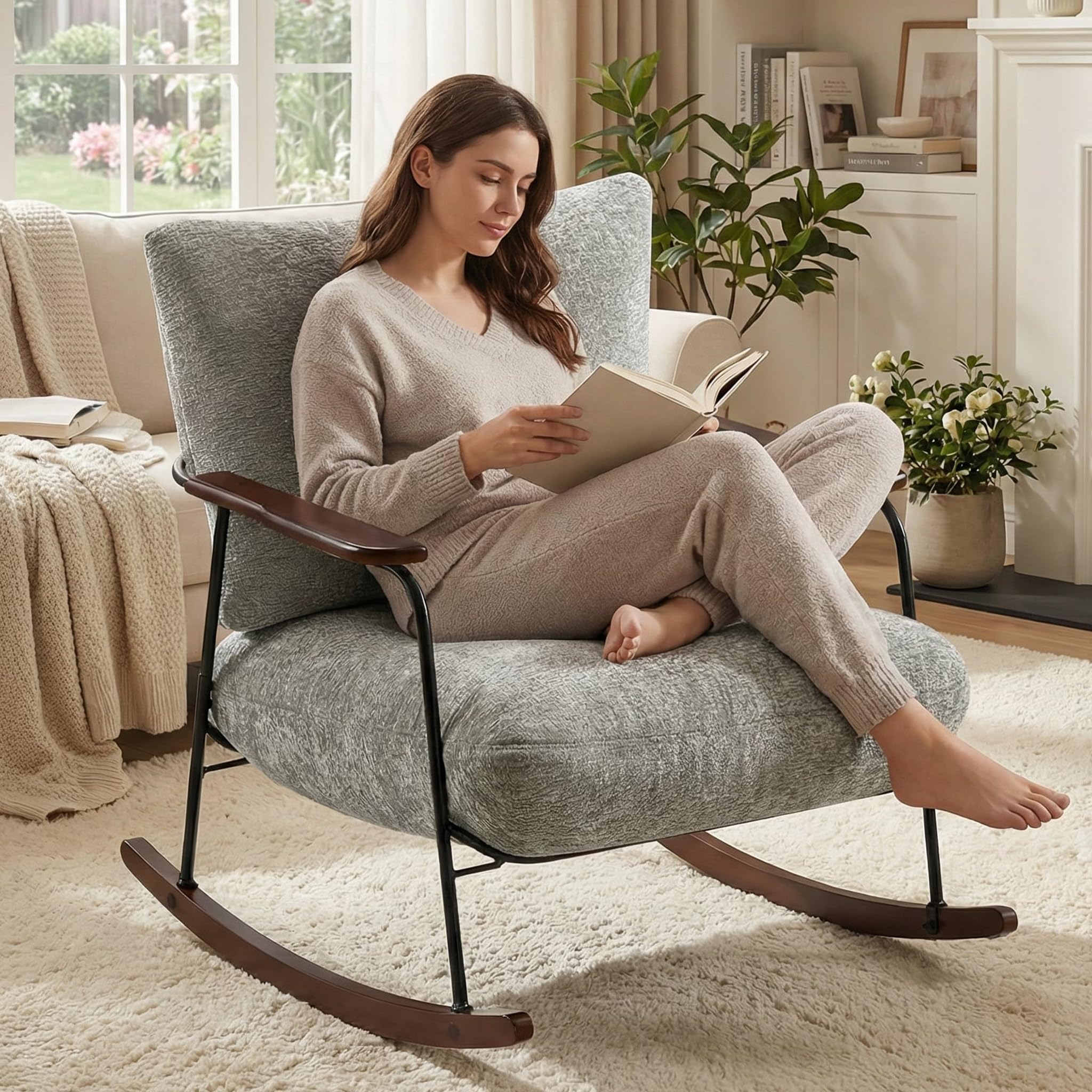 Hellove Fauteuil à Bascule Cocooning en Chenille – Rocking Chair Moderne avec Pieds Bois Massif, Fauteuil Relax pour Salon, Chambre, Coin Lecture, Gris