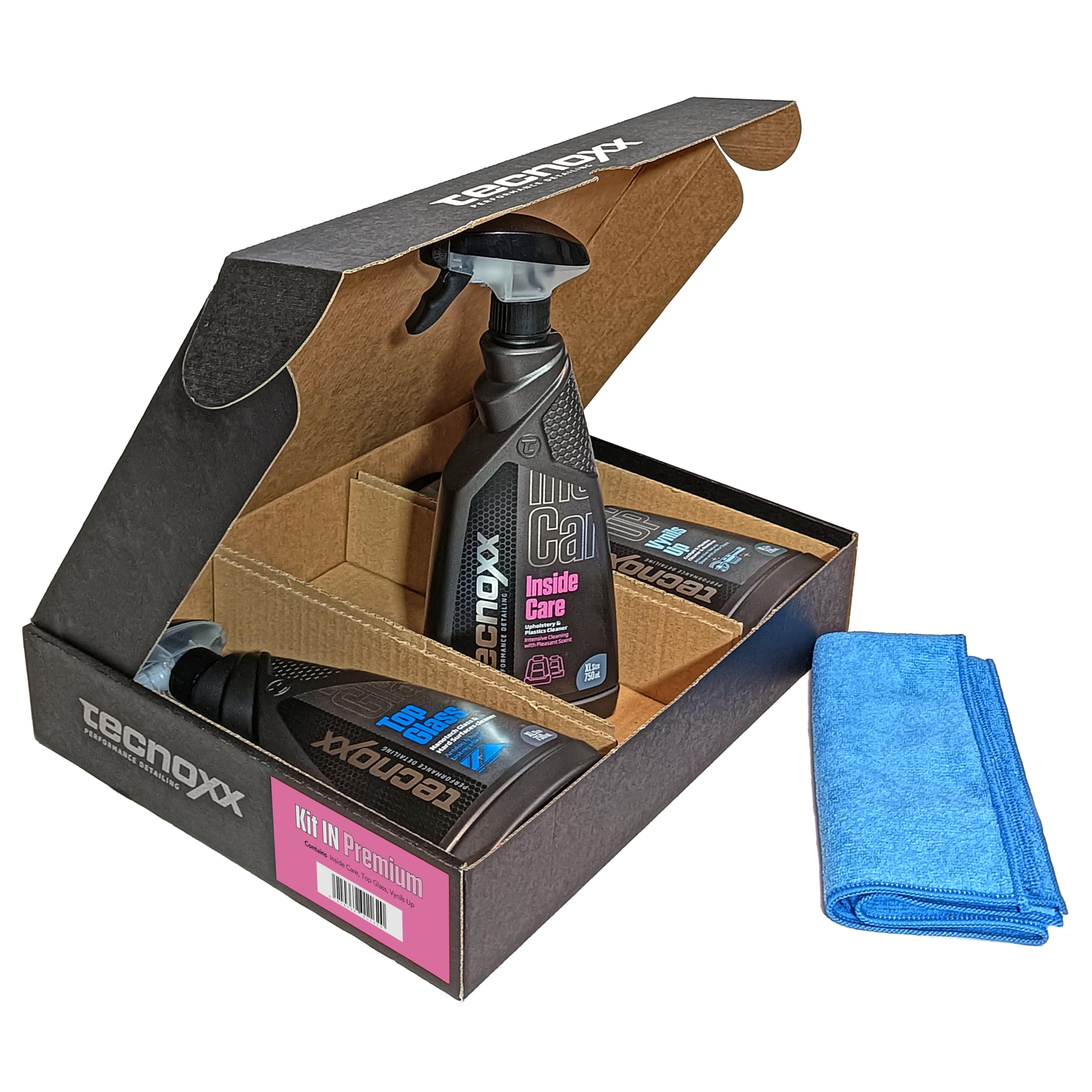 Tecnoxx – Kit In Premium 3 Productos Pro para Limpieza y Mantenimiento Interior de Coches Envases XL 750 mL con hidratador salpicaderos detergente tapicerías Limpia Pantallas Cristales
