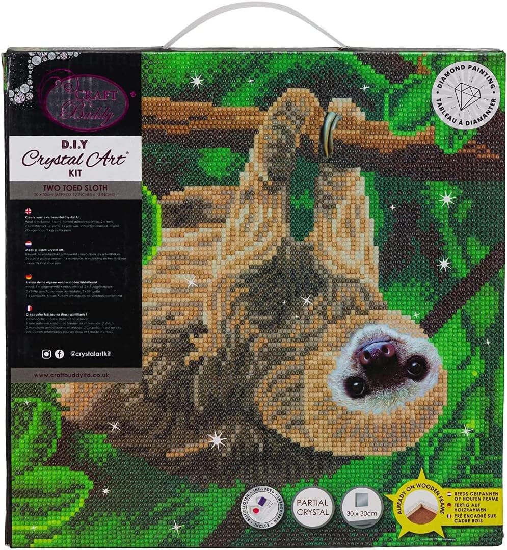 Crystal Art Medium Framed Kit (11.8in x 11.8in) - Two Toed Sloth - Diamond Painting Kit for Ages 8 and Up
