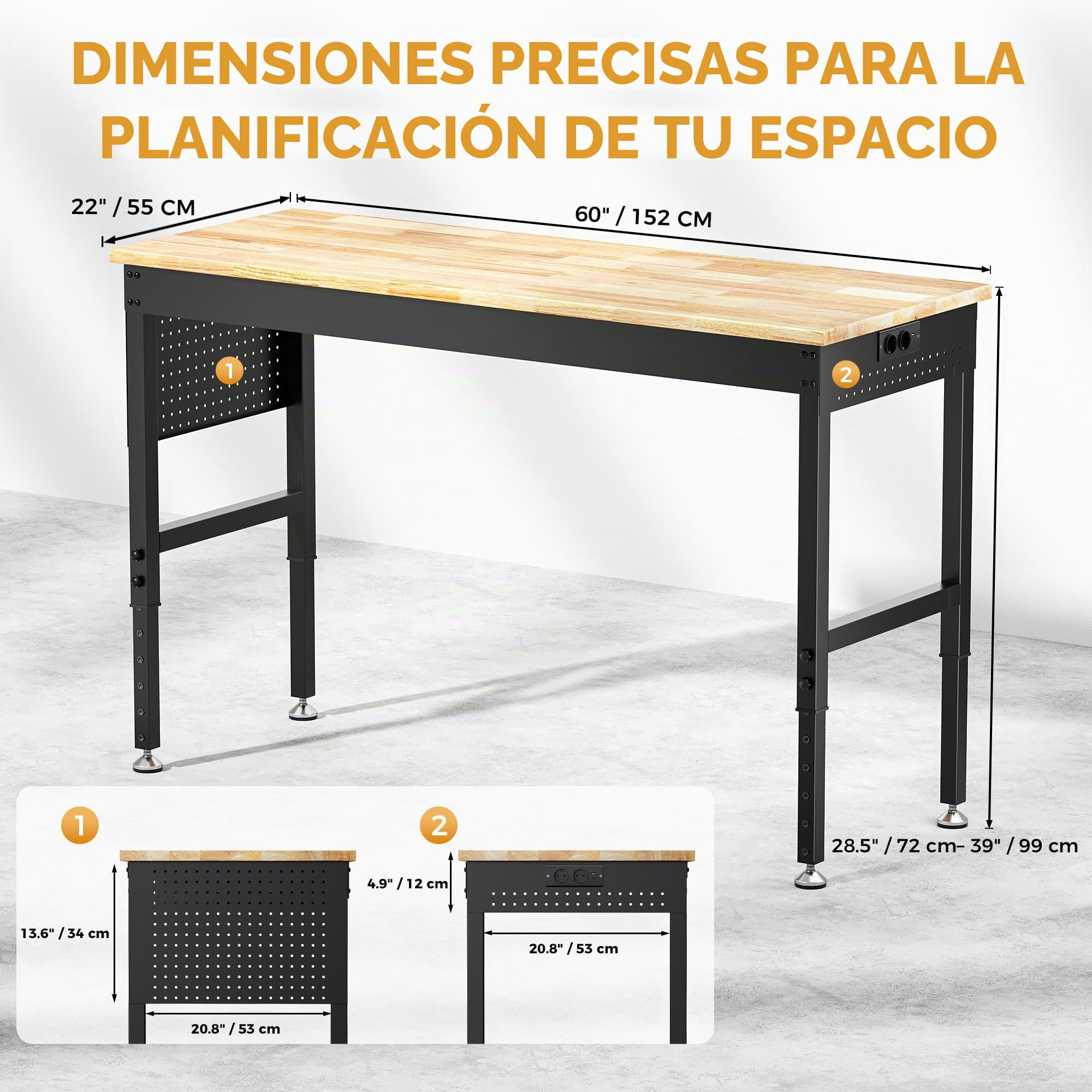 Banco de trabajo ajustable de alta resistencia de 152 x 55 cm, capacidad de carga de 2000 libras, mesa de trabajo de madera de caucho con tablero de clavijas, regleta de alimentación integrada, 6
