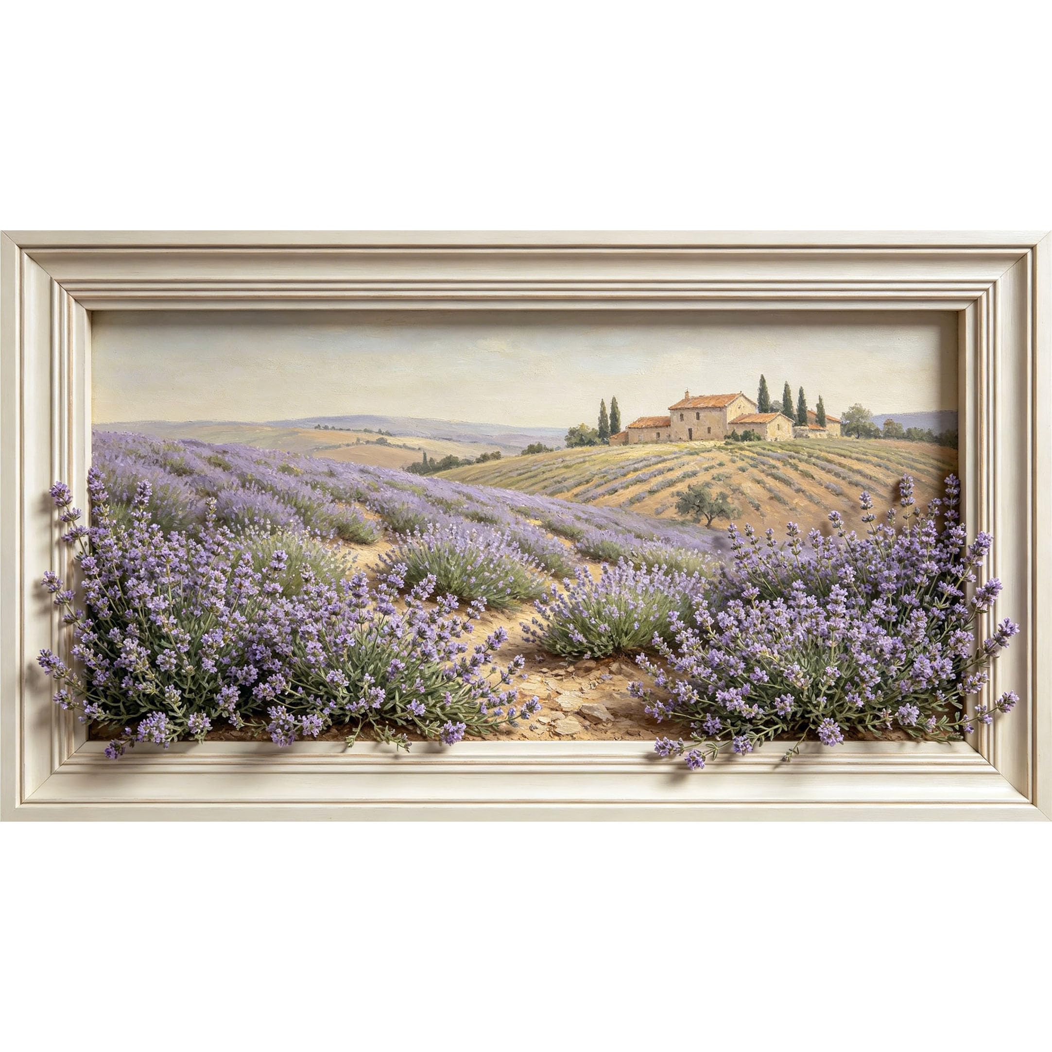 QZLITHOTIC 50×90cm3D Framed Wall Art， Provence Lavender Field Landscape Oil Painting Self?Adhesive Mural， Water?Activated Peel & Stick Fabric Decor Wall Decal for Bedroom Living Room