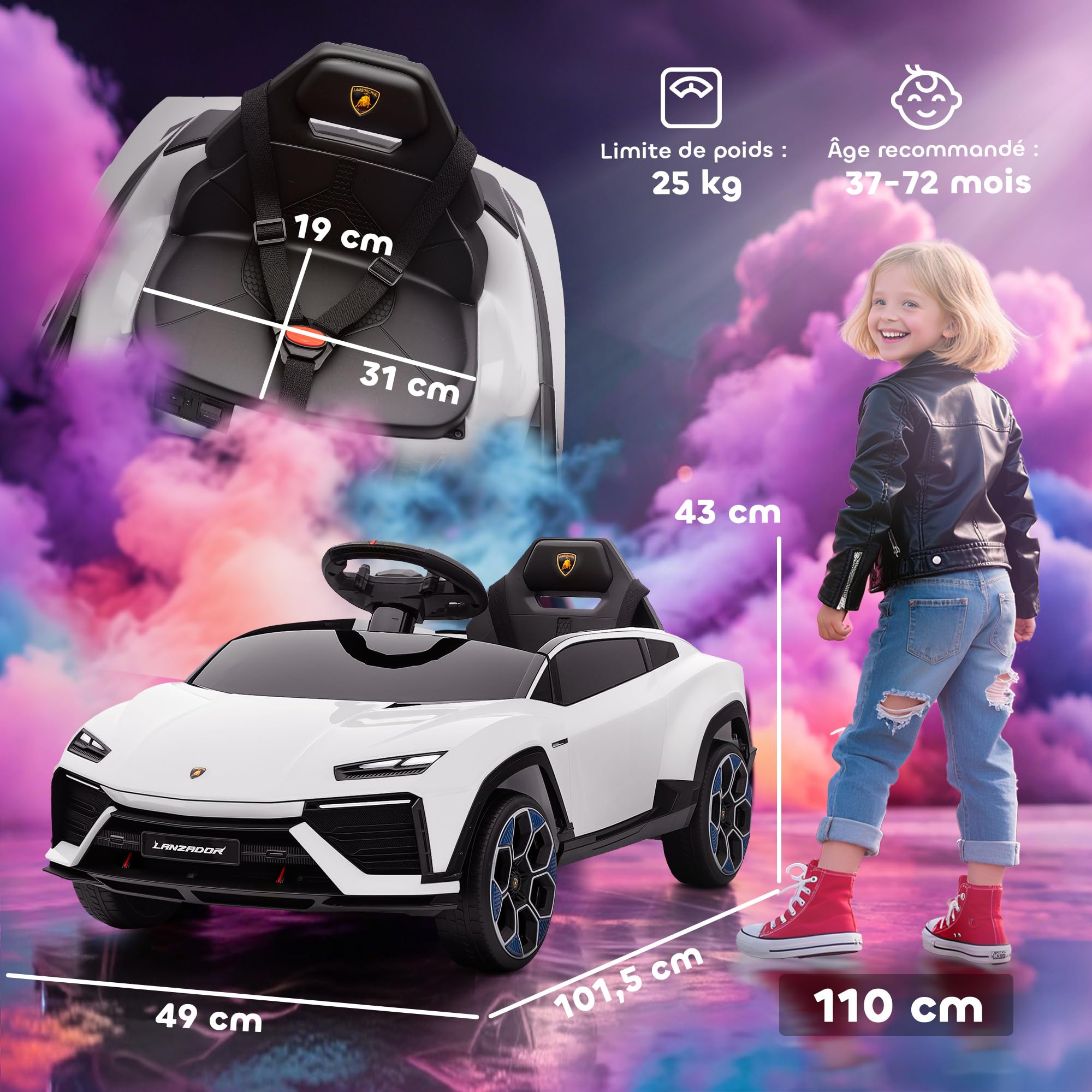AIYAPLAY Voiture Électrique Enfant Lamborghini 12V Vitesse 4 km/h Blanc | Télécommande 2,4G, 2 Moteurs, Véhicule Électrique avec Phares LED, MP3, Klaxon