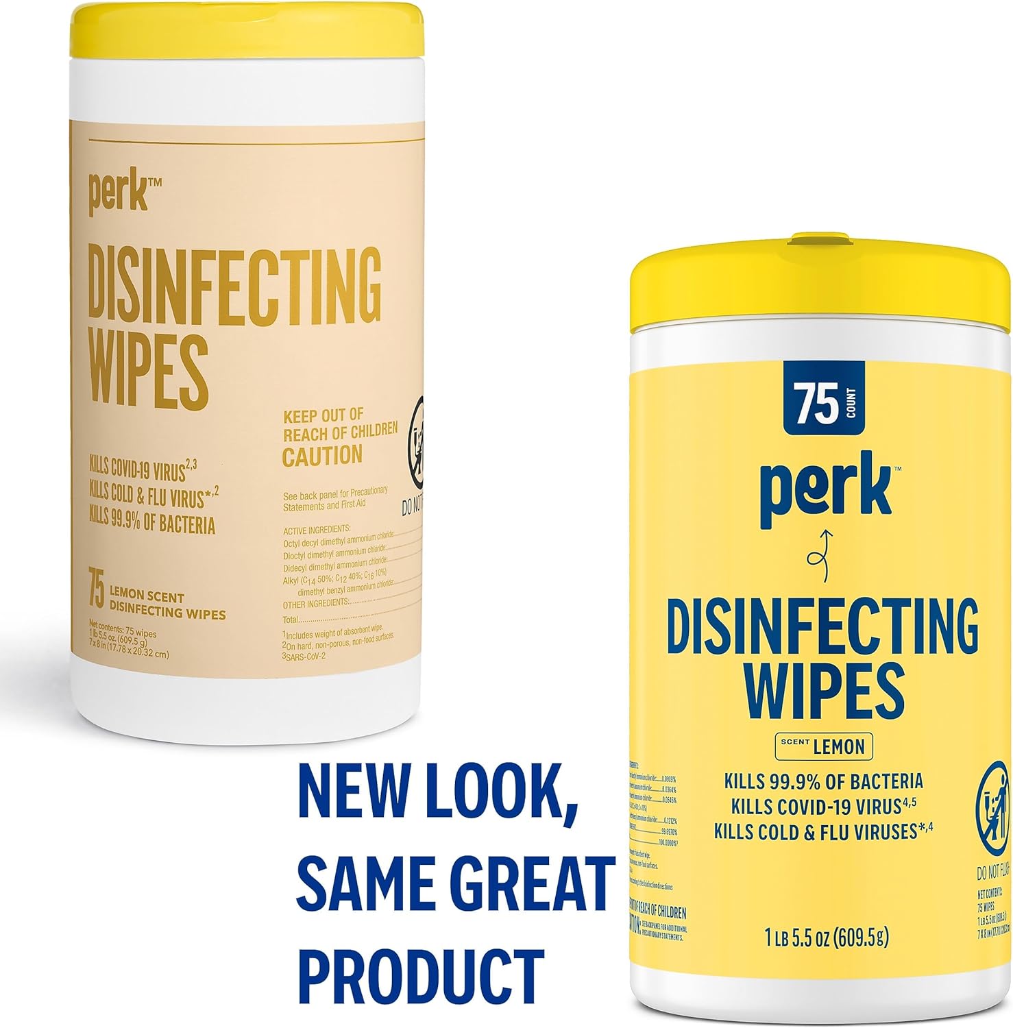Perk Disinfecting Wipes, Lemon Scent, 75 Wipes/Canister, 6 Pack — Multi‑Surface Cleaning Wipes for Home, Office & Classroom