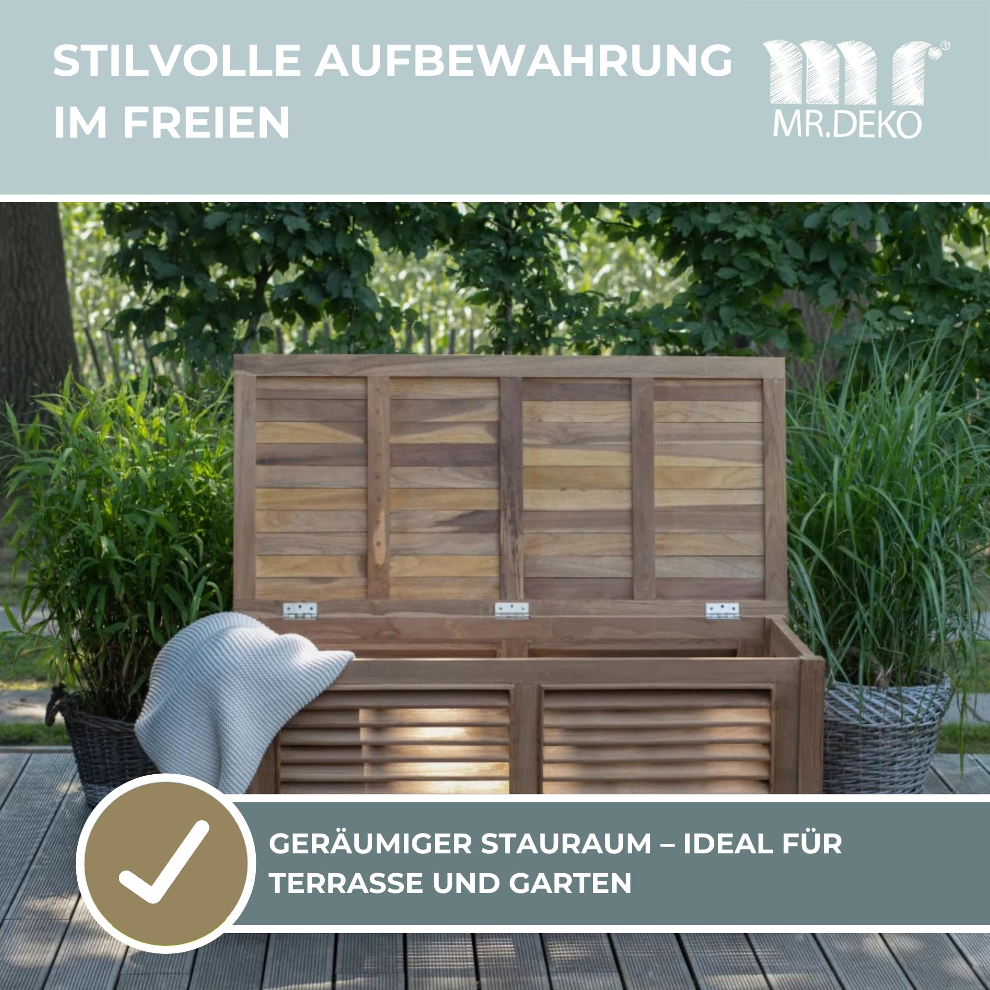 MR. DEKO Gartenbox Teak 430L | Balkon Aufbewahrung 124cm | Auflagenbox | Truhe wetterfest Outdoor