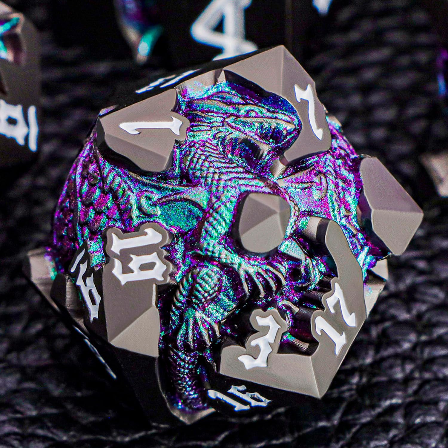 ORIFANTOU 3D Dragons DND Dice Set with Gift Box, Metal D and D Dice for use with D&D Role Playing Game, Dungeons Polyhedral Dice Set D20 D12 D10 D8 D6 D4 (Purple Green)