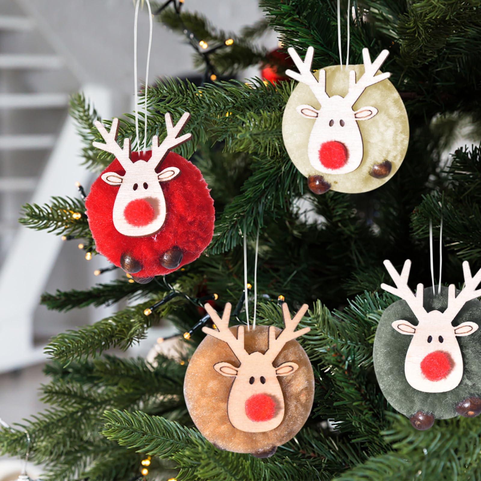 12 Ciondoli Natalizi In Legno E Feltro A Forma Di Renna | Decorazioni Per Albero Con Corda | Ornamenti Fai Da Te In Rosso, Bianco, Grigio E Marrone | Regalo Natale Fai Da Te - 3