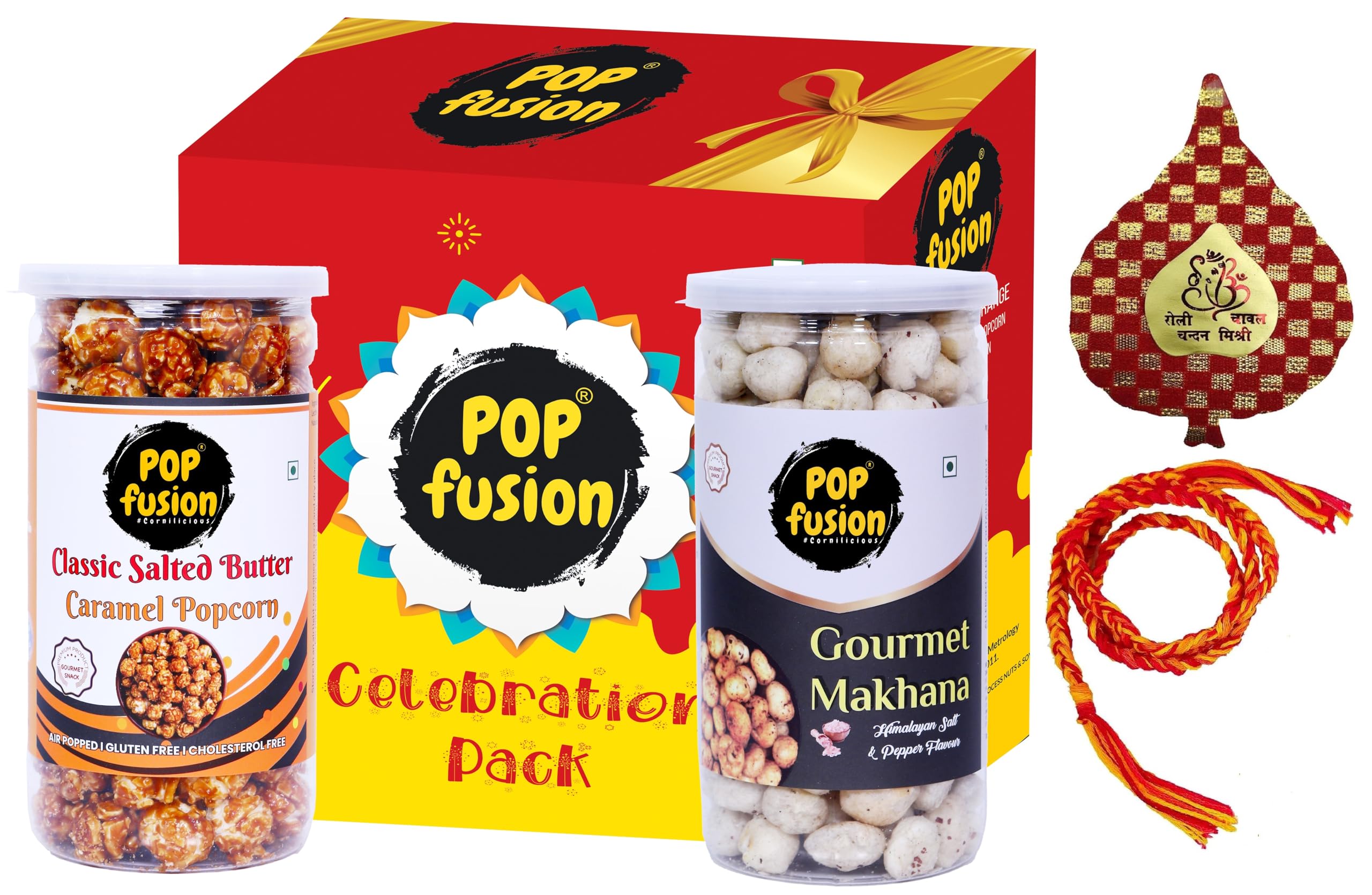 Pop Fusion Bhai Dooj Gift Pack Roasted Salt & Pepper Makhana & Caramel Popcorn 220g with 1 Premium Silk Thread Roli Chawal Chandan brother-image-32