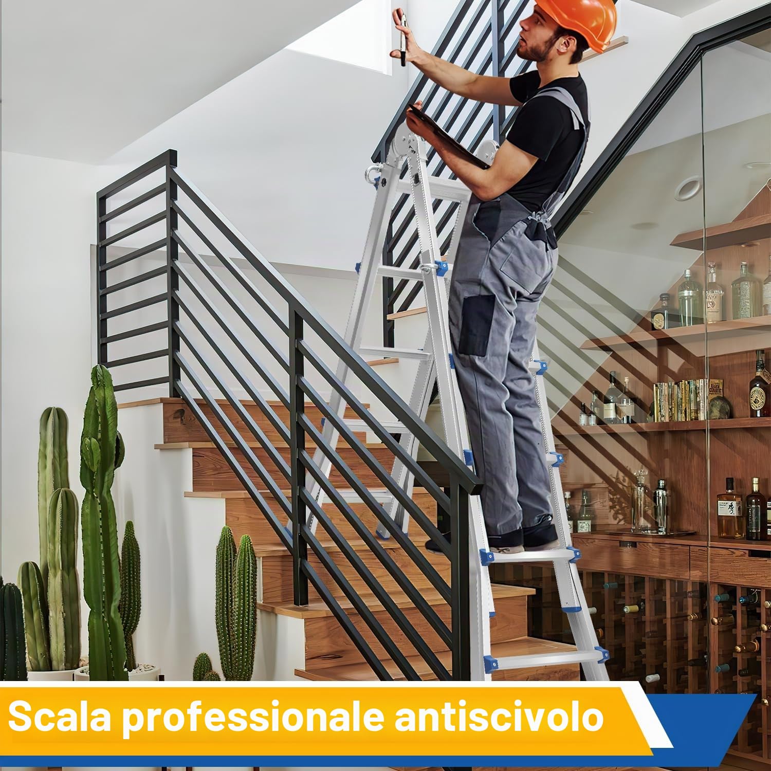 Scala Multiuso in Alluminio 4 in 1 - 513 cm, 4 x 5 Pioli, Telescopica, Capacità 150 kg, a Scorrimento Con Supporto Su Entrambi i Lati