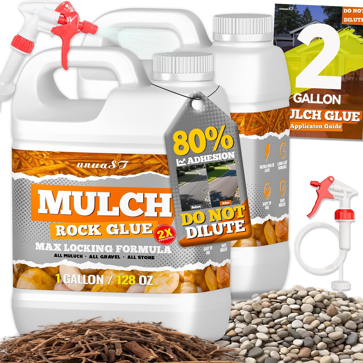Mulch Glue for Landscaping, 2 Gallon Rock Glue for Landscaping with Sprayer, Strong Adhesive for Rocks, Mulch & Gravel, Durable, Fast-Drying & Weather-Resistant Gravel Binder Max for Landscaping