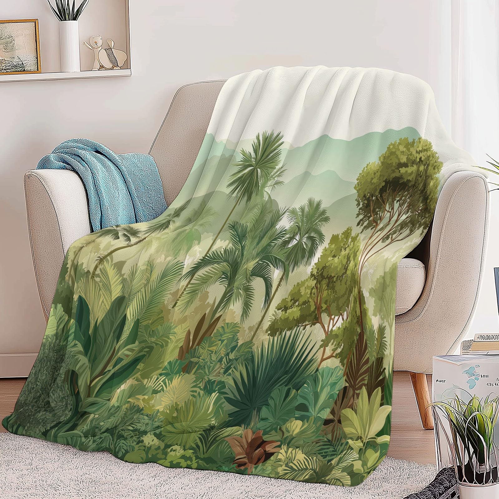 Flanelowy koc krajobraz lasu deszczowego wilgotne drzewa palmowe 150 x 200 cm Koce polarowe z mikrofibry Polar Wszystkie pory roku na podróż Sofa do podróży Łóżko Sofa Dzieci Dorośli, Zielony