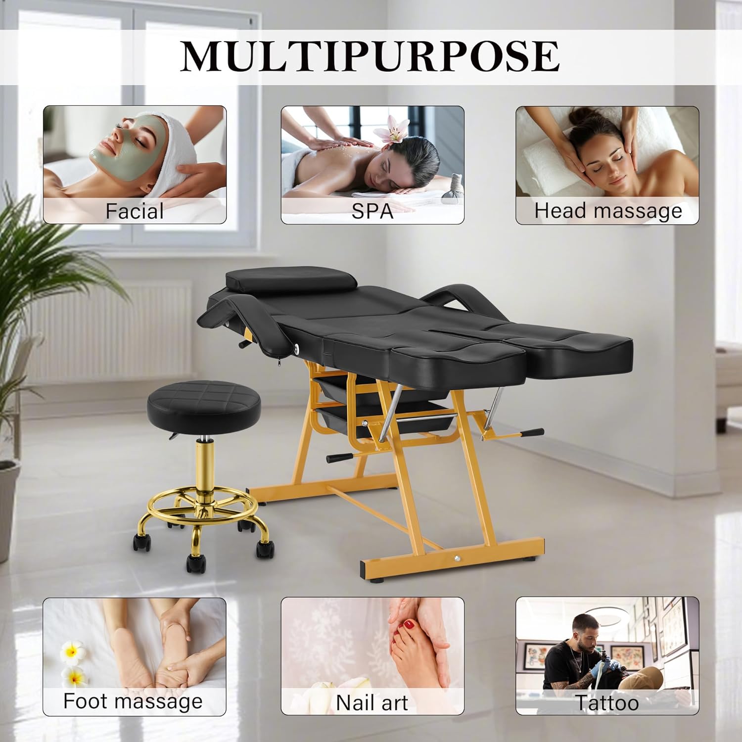 Tattoo Artist Chair Facial Bed for Esthetician with Split Leg, Black Tilting Lash Chair with Rolling Stool for Massage, Eyelash, Spa, Salon, Barber Equipment, Black & Gold