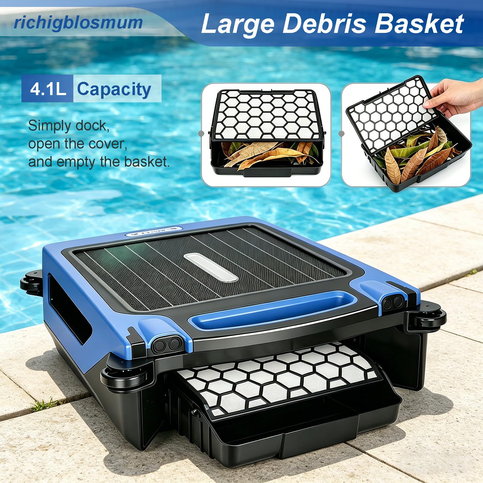Robot Piscina Solare Senza Fili – Controllato App, Funziona Giorno e Notte, Cestino 4,1L, Evitamento Automatico e Piedini Morbidi – per Tutte Le Piscine Interrate e Fuori Terra Black