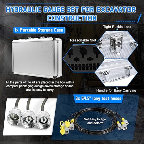 Miniatura 22 de SINOCMP Kit de prueba de presión hidráulica con 3 calibres (25/40/60Mpa), 12 acoplamientos de prueba, 3 mangueras de prueba (64 pulgadas) kit