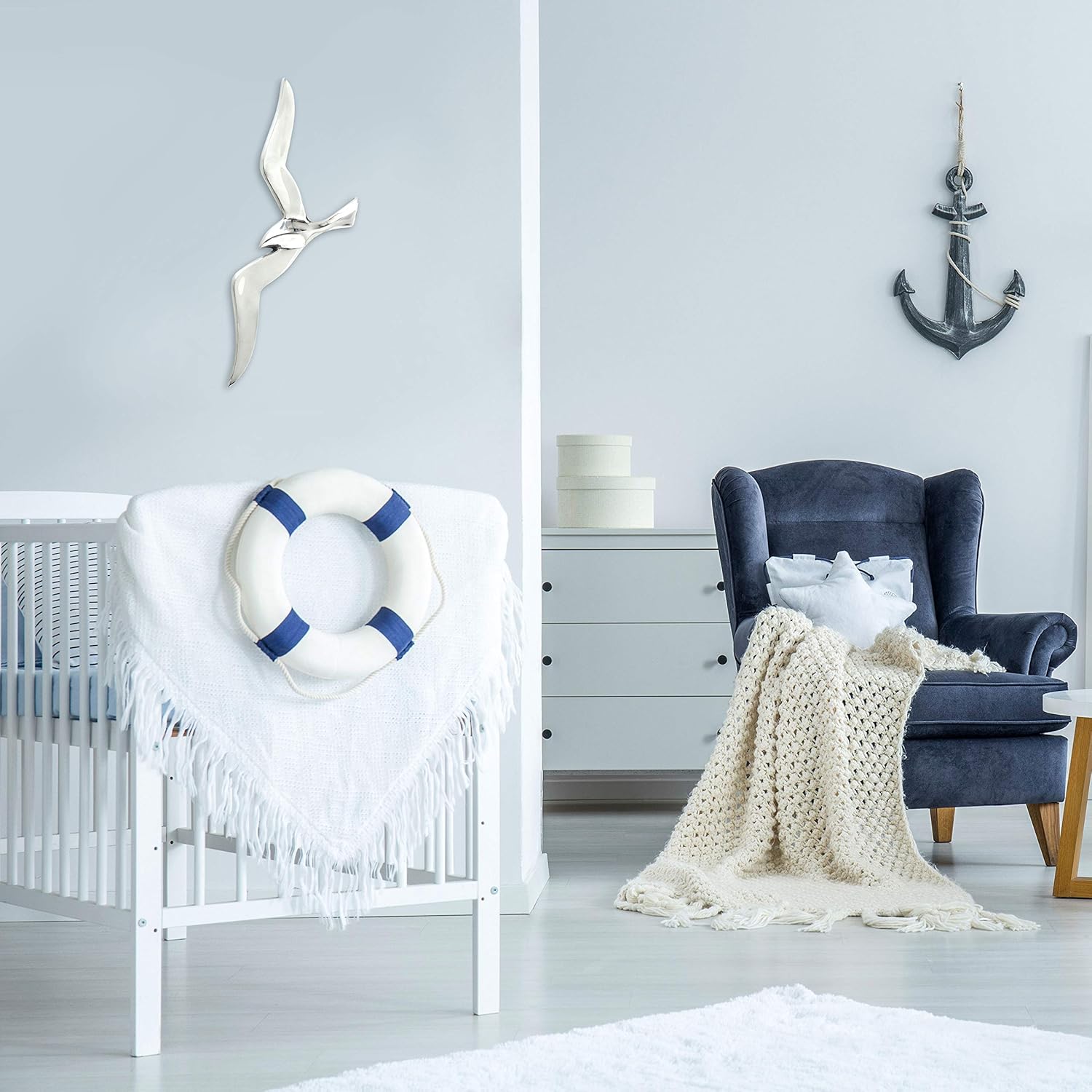 WHW Whole House Worlds Americana Flying Sea Gull Wall Sculpture, Handcrafted, Cast of Fine Silver Aluminum, 18 1/2 Inches (47 cm) Long, 7 Inches (18 cm) Wide
