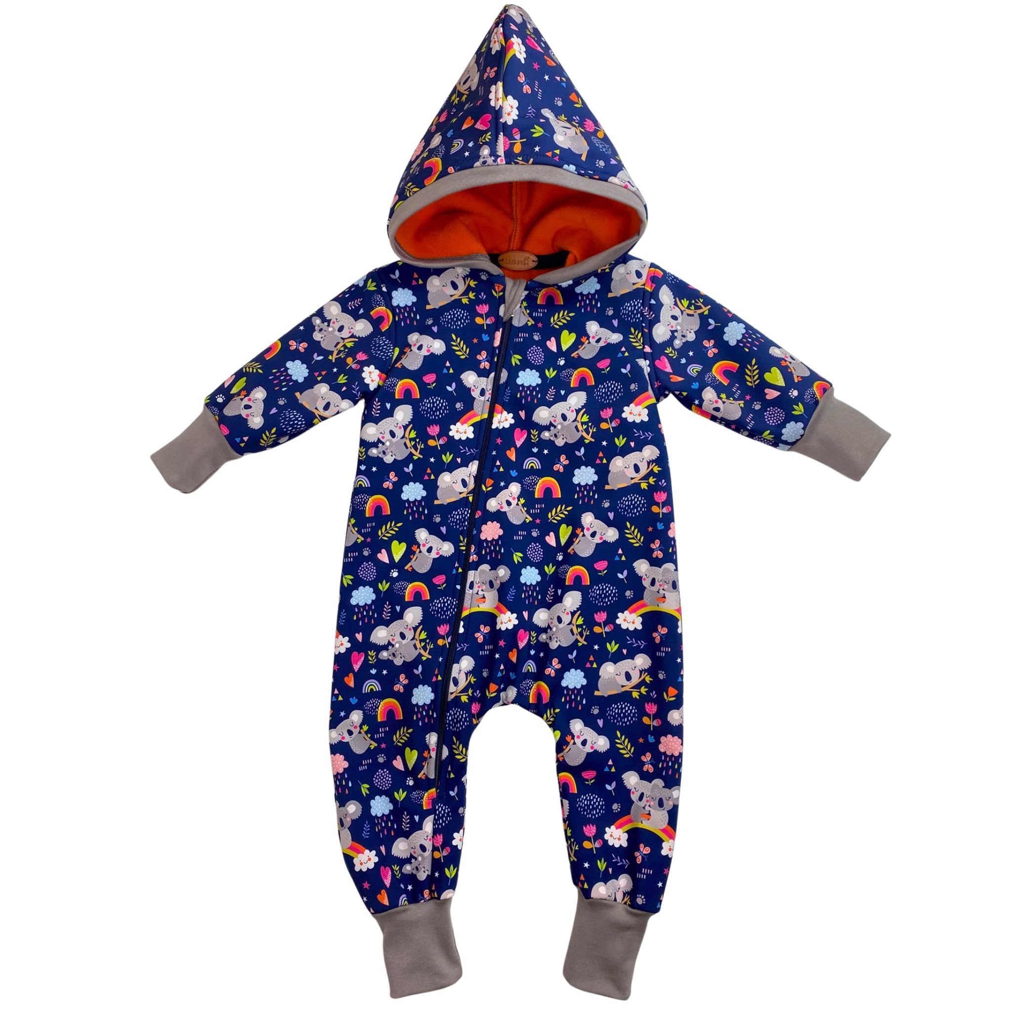 Lilakind Baby Overall mit Kapuze – Koala-Muster – Fleecegefüttert & Warm – Softshell-Einteiler für Jungen & Mädchen – Outdooranzug mit Reißverschluss & Bündchen – Größe 74–116
