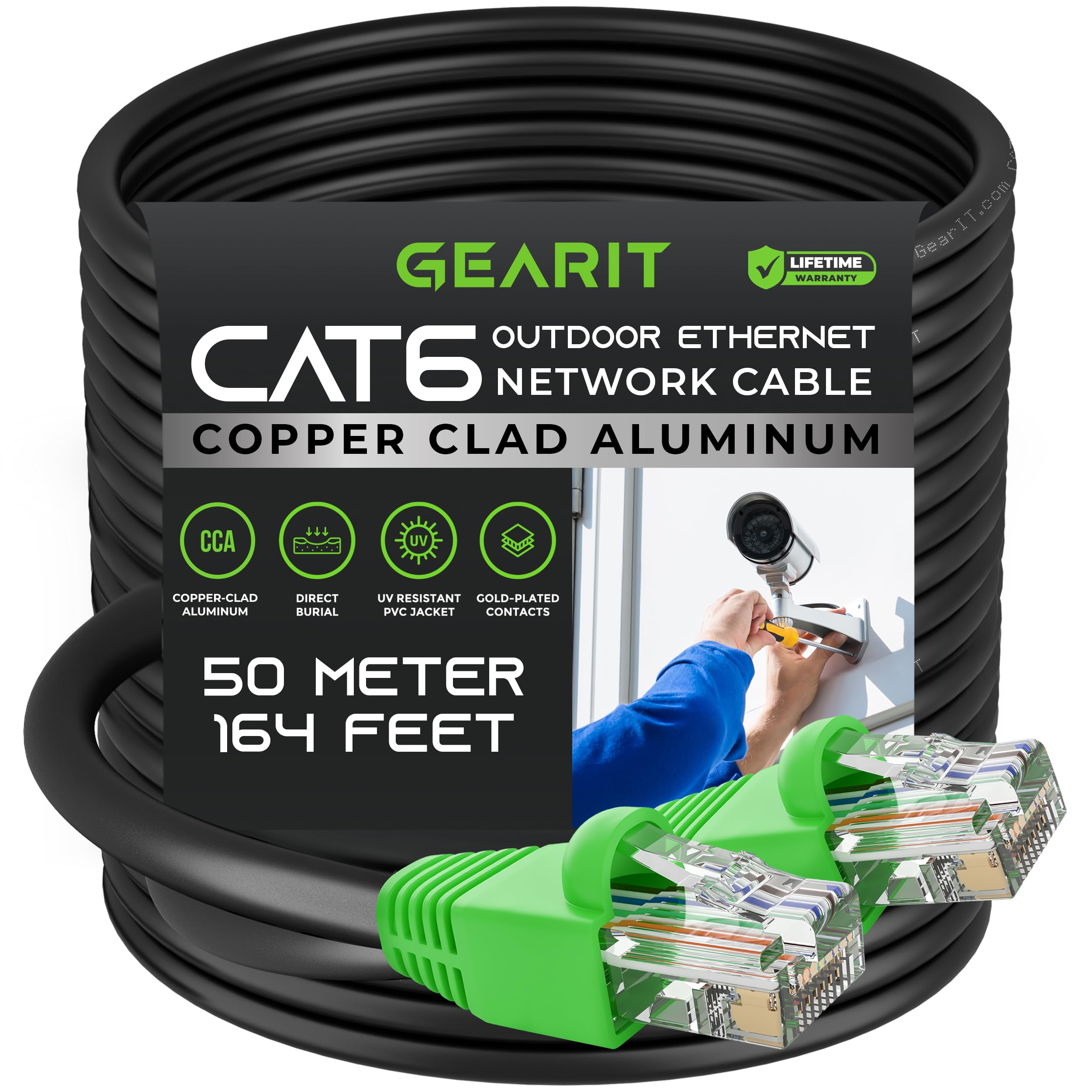 GearIT Cable Ethernet Cat6 para exteriores (50 metros) con revestimiento de cobre CCA, impermeable, entierro directo, en tierra, cubierta UV, POE, red, Internet, cable Cat 6, Cat6, 50 m