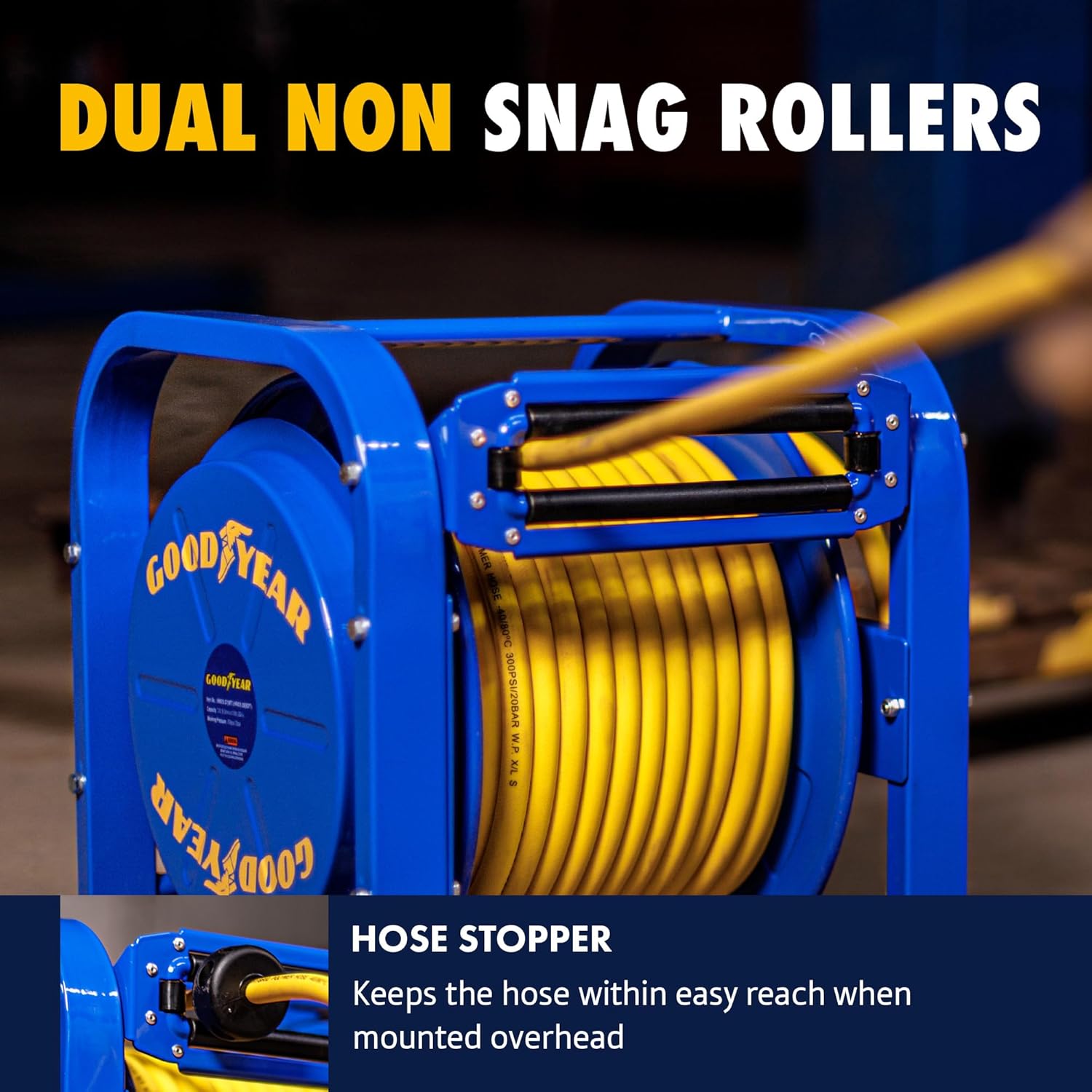 Goodyear Retractable Air Hose Reel, 3/8" x 100 Feet, 300 PSI, Spring-Driven Steel, Heavy Duty Industrial, Flex Hybrid Polymer Hose, Portable and Durable