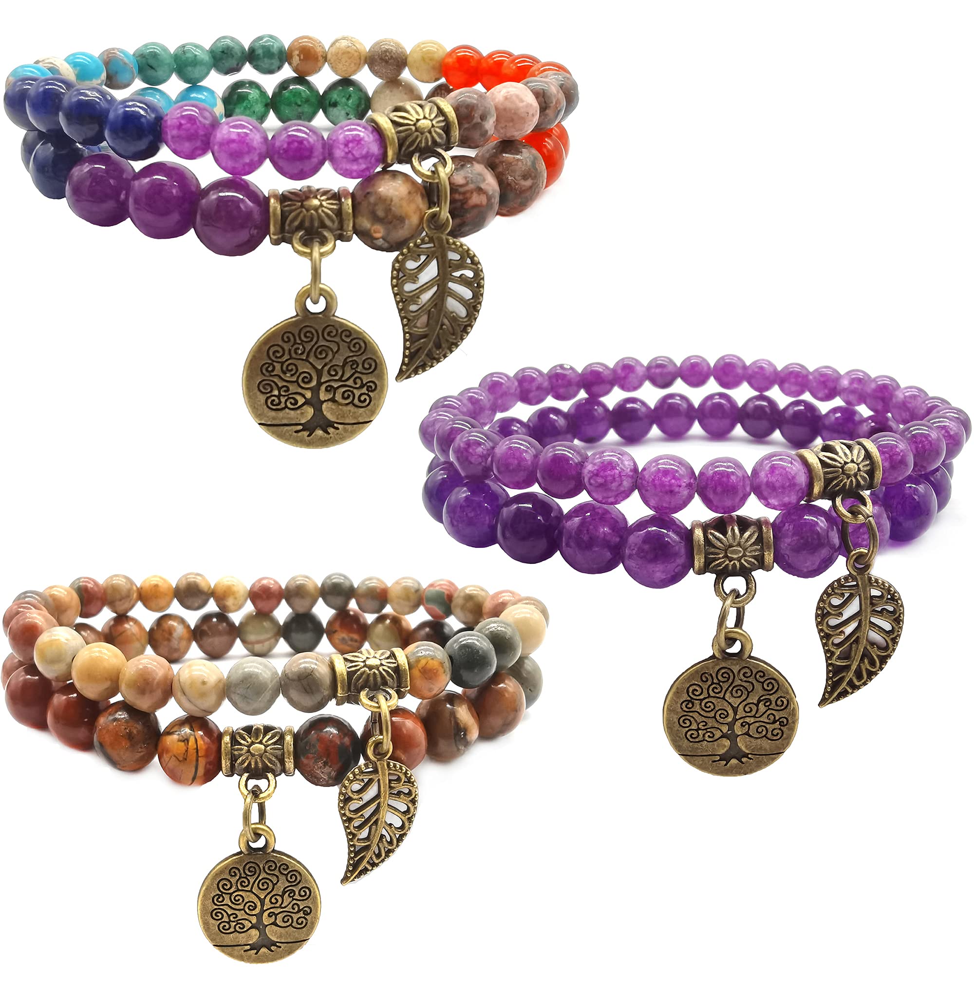 6Pcs Semi Precious Chakra Bracelet for Women Natural Gemstone Beads Bracelet Crystal Tree of Life Bracelets Charm Amethyst Bead Energy Healing Anxiety Stretch Yoga Bracelet