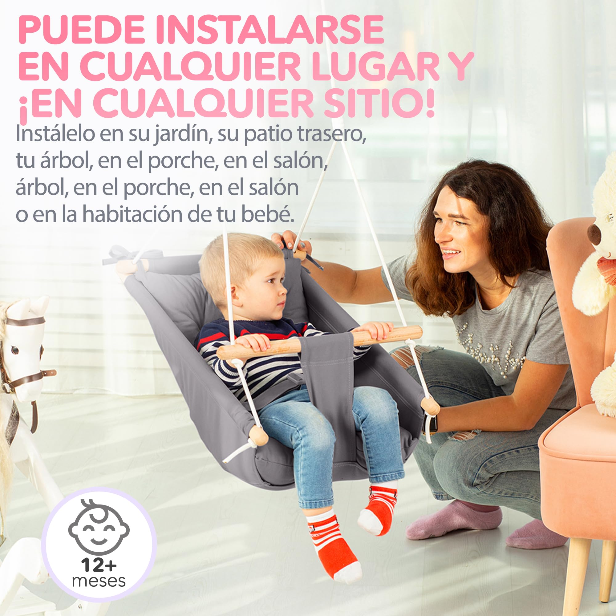 Columpio de Lona Baby by Cateam - Gris - Silla Columpio de Madera para bebé con cinturón de Seguridad y herrajes de Montaje. Bebé Hamaca Silla Regalo de cumpleaños.