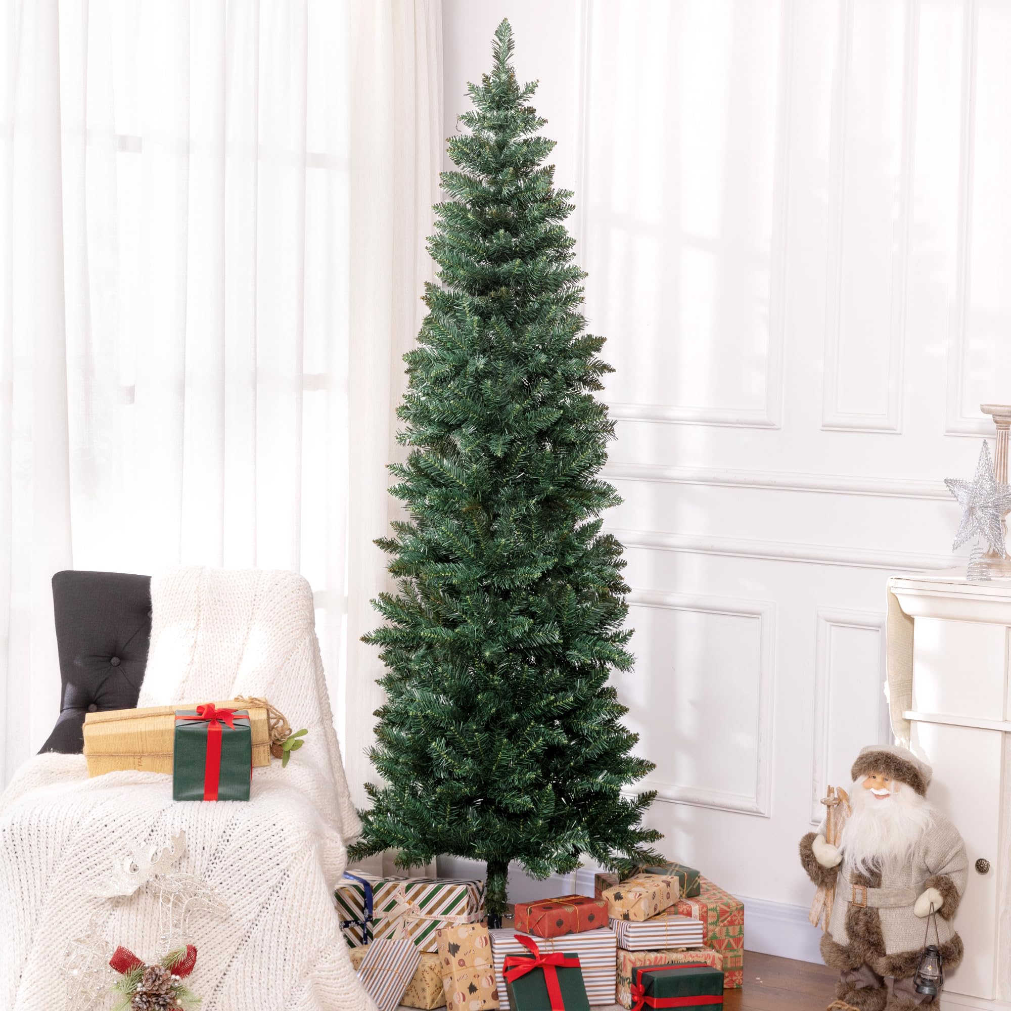 HOMCOM Árbol de Navidad Estrecho 210 cm Árbol de Navidad Grande Tipo Lápiz con Base Plegable y 687 Ramas para Dormitorio Oficina Verde