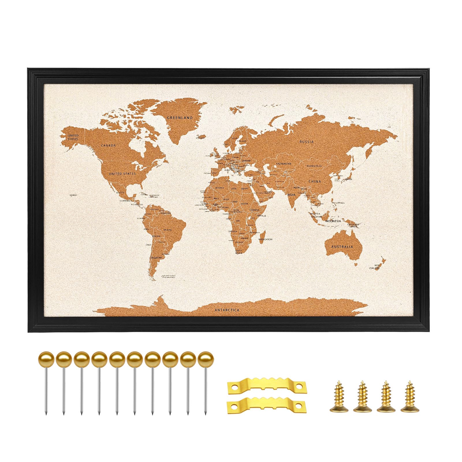 Okydoky Wooden Frame Cork Board Map of World, 20" X 30" / 50 x 75 cm Bulletin Boards for Walls with 10 Pins, Travel Tracker Map for Office, School and Home (WD-MAP,5075,D)