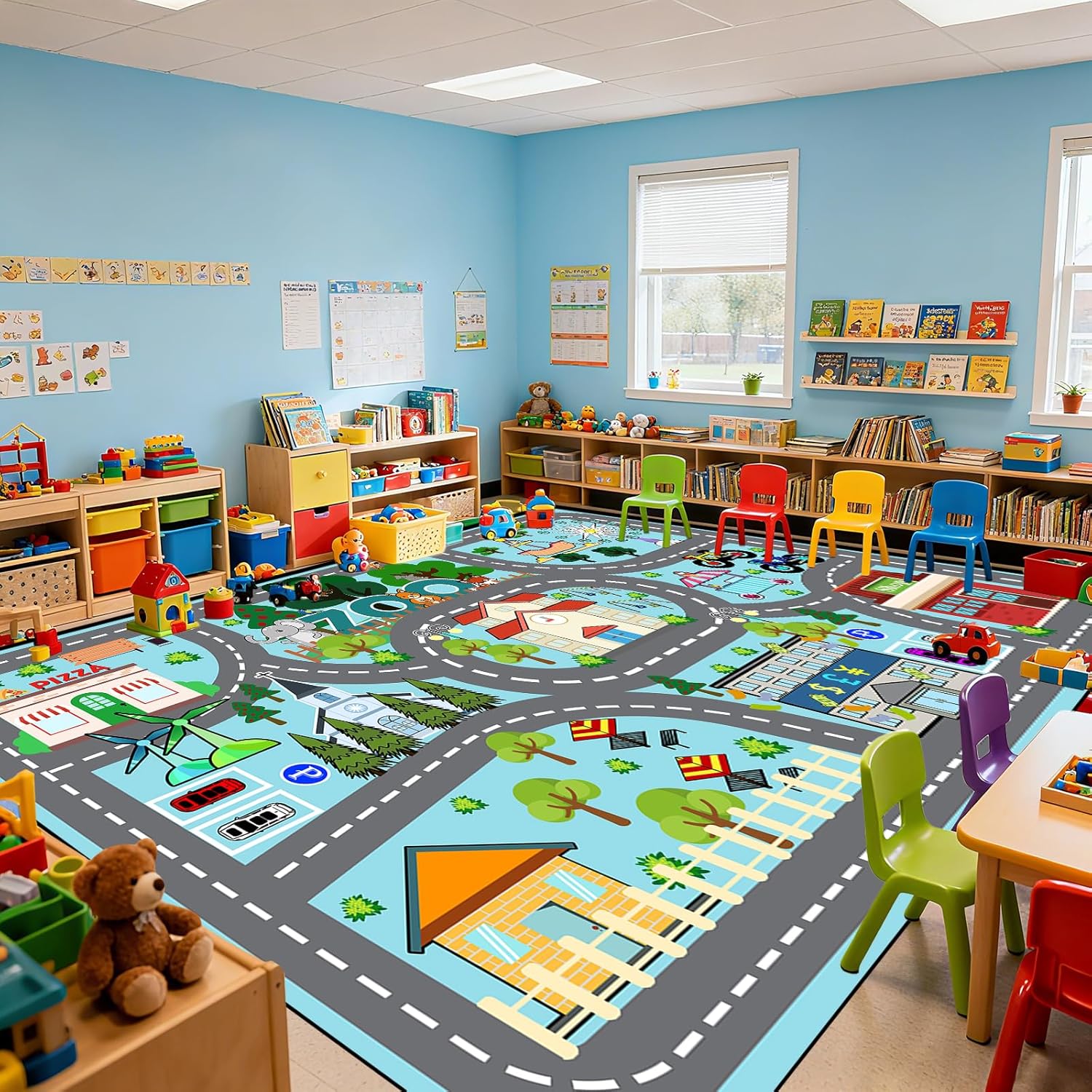 Car Rug Play Mat 9x12 Feet - Road Rug for Kids Boys Room, Fun Race Track Traffic Road Carpet for Boys Playmat Educational Learn, Car Carpet for Kids Room Decor Playmat Bedroom Playroom