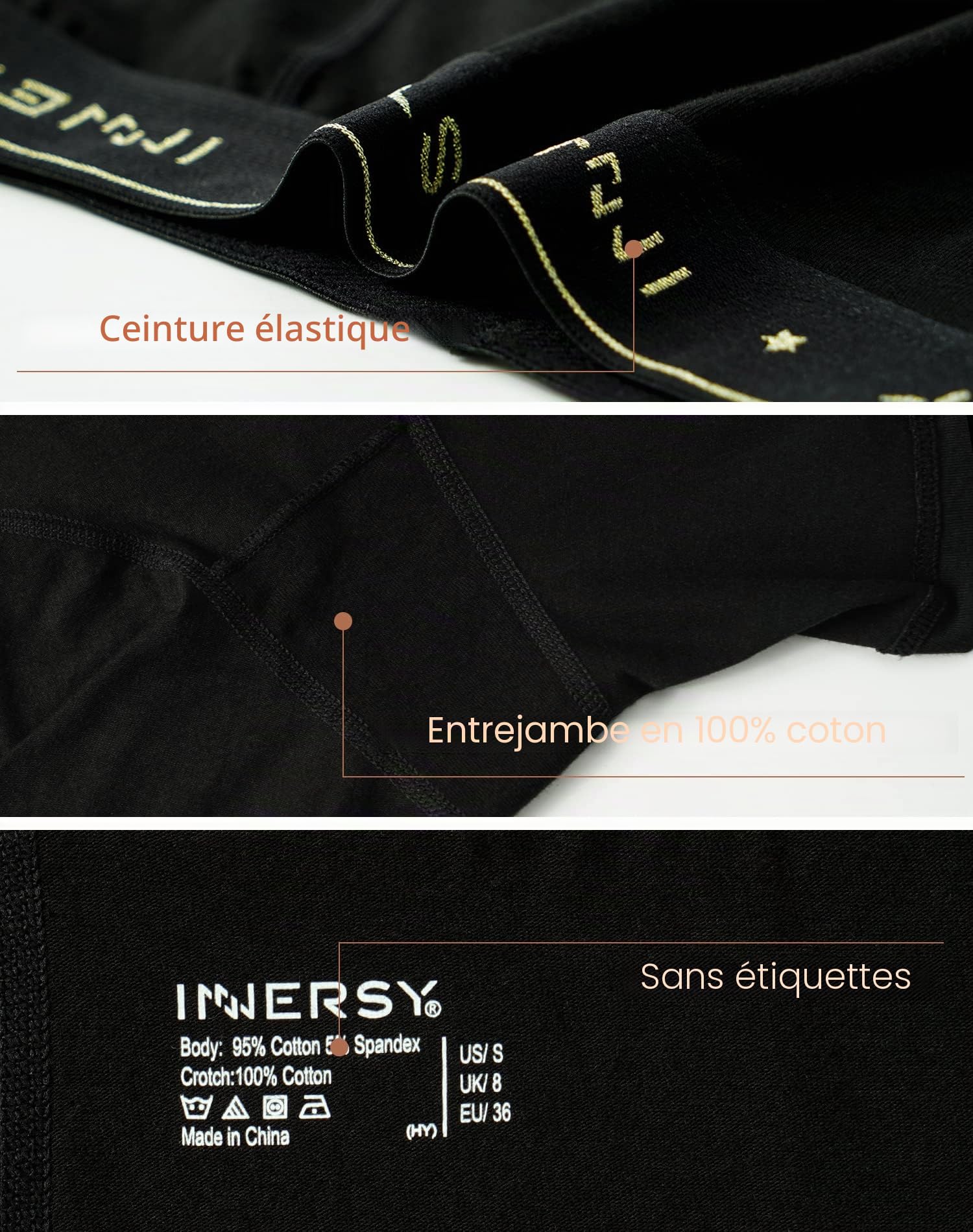 INNERSY Boxer Femme Coton Stretch Shorty Taille Basse Calecon Court avec Entrejambe Lot de 3
