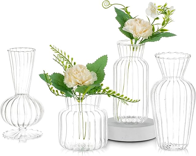 Small Glass Flowers Handmade Vase Set: Glasseam 4 Pcs Vintage Clear Mini Bud Vase Modern Decorative Narrow Neck Sweet Pea Jar for Dining Table Centrepiece Living Room Wedding Ornaments