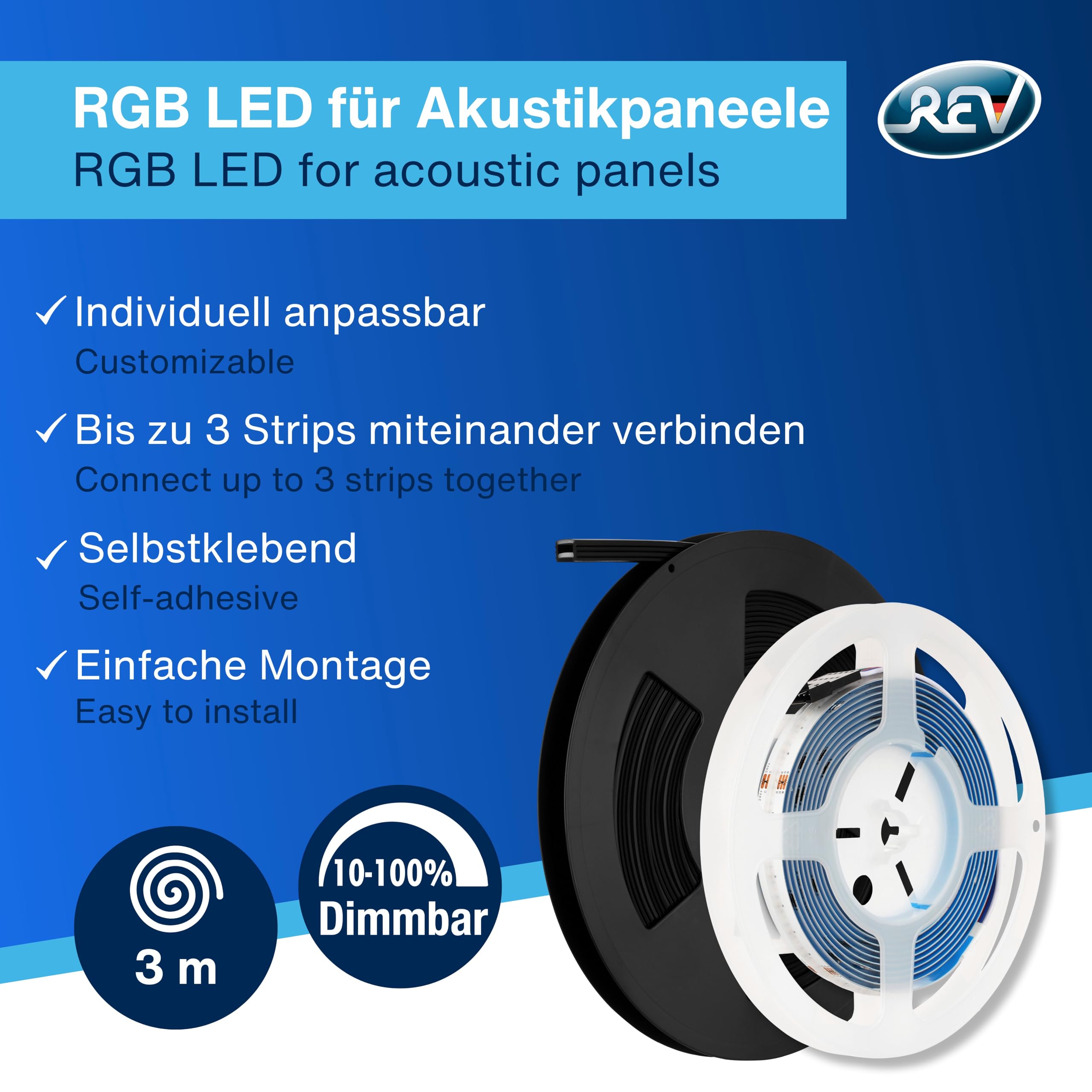 REV LED per pannelli acustici, 3 m, autoadesivo, RGB e bianco, dimmerabile, ritagliabile, con profilo LED, invisibile quando spento