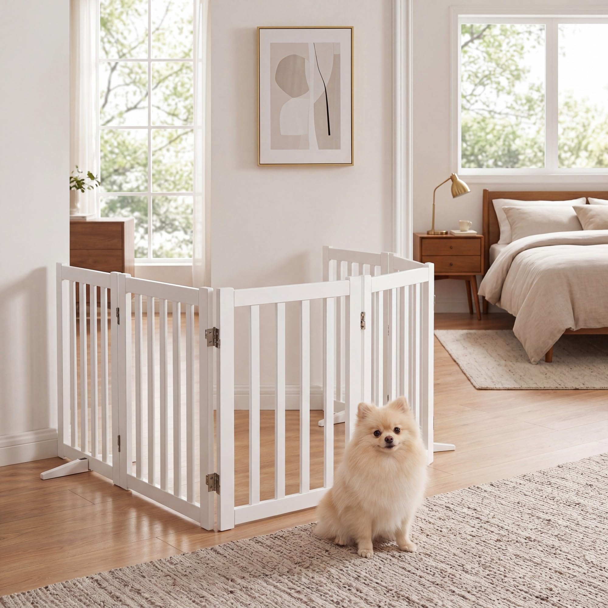GYMAX Puerta para Perros de 6 Paneles, Valla Interior Plegable de Madera de Caucho con Patas de Apoyo, Barrera de Seguridad Portátil para Escaleras y Pasillos, Blanco