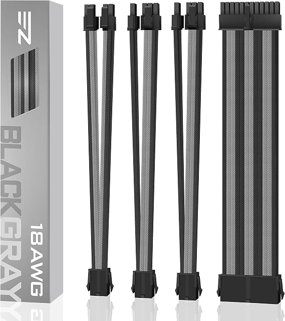 EZDIY-FAB PSU Cable Extension Sleeved Custom Cable for PC Power Supply ,Soft Nylon Braided with Comb Kit 24PIN/8PIN to 6+2Pin/ 8PIN to 4+4PIN-30CM 300MM - Black and Grey