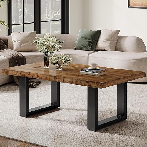 Miniatura 5 de Tribesigns Mesa de centro de madera maciza, mesa de centro industrial moderna con base de metal resistente, centro de acento grande de 47 pulgadas