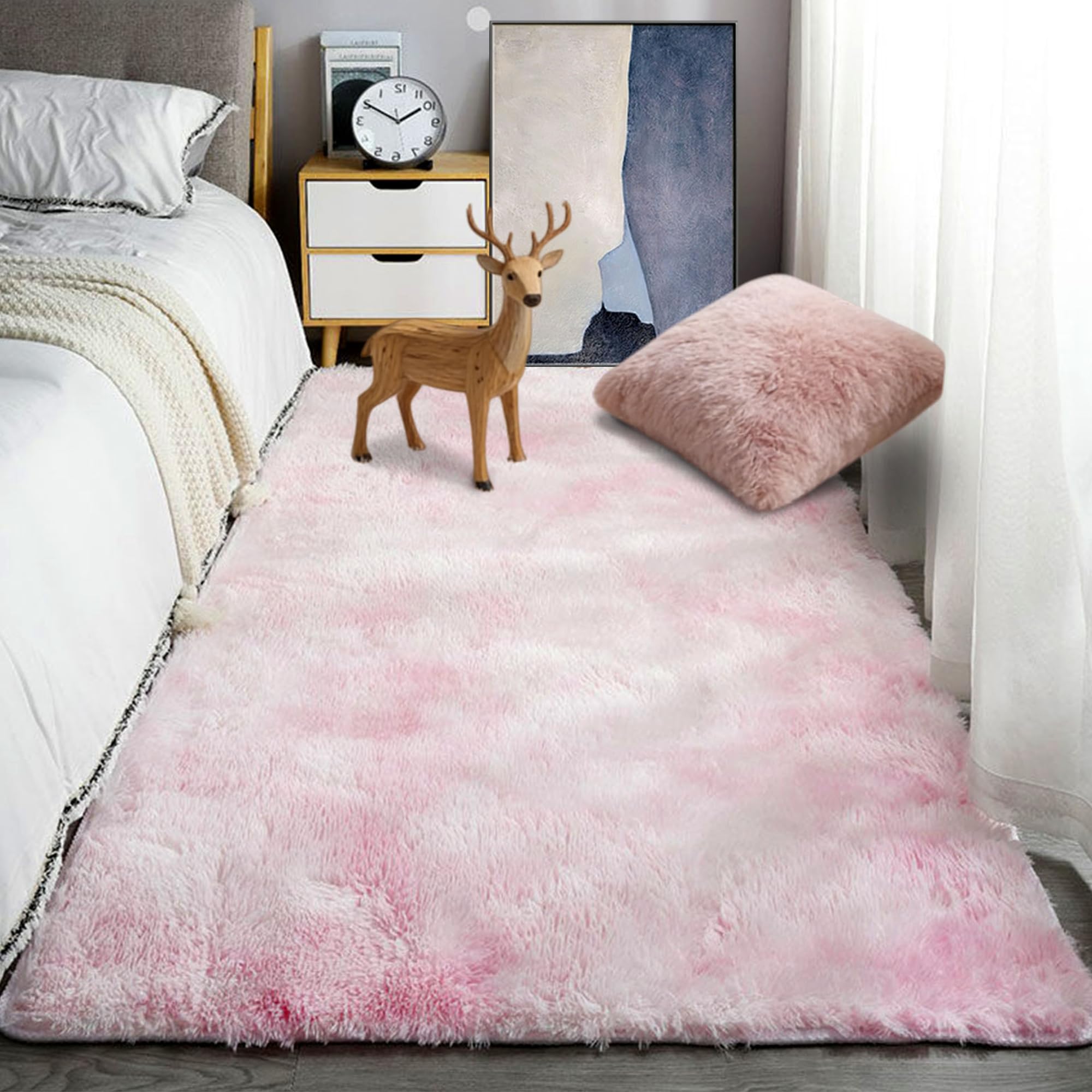 Tapis salon 130x320 rose moderne grand tapis chambre à coucher poil long shaggy