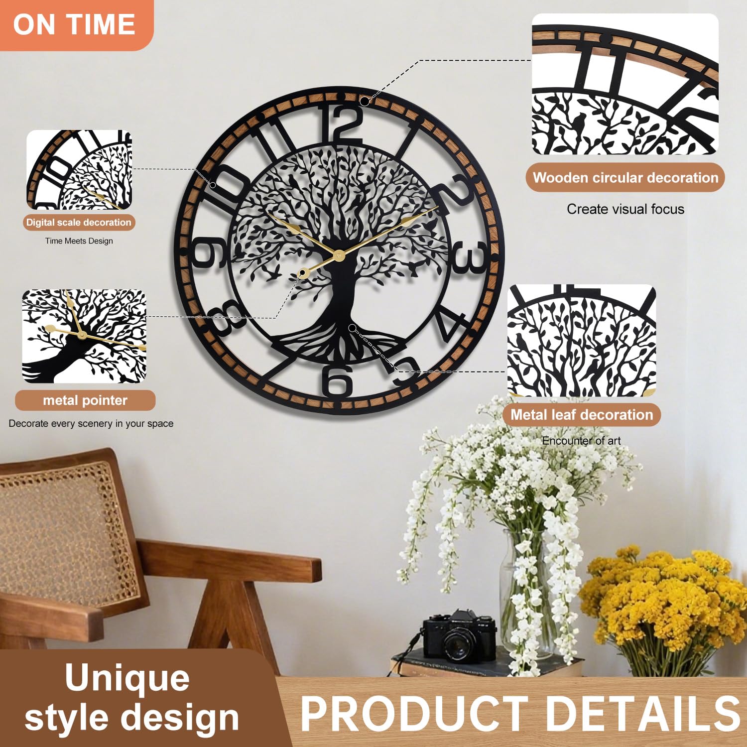 Reloj de pared grande y silencioso, 24 pulgadas, árbol de la vida, metal negro con marco de madera maciza, sin tictac, funciona con pilas, para sala de estar, oficina, dormitorio, cocina, accesorio