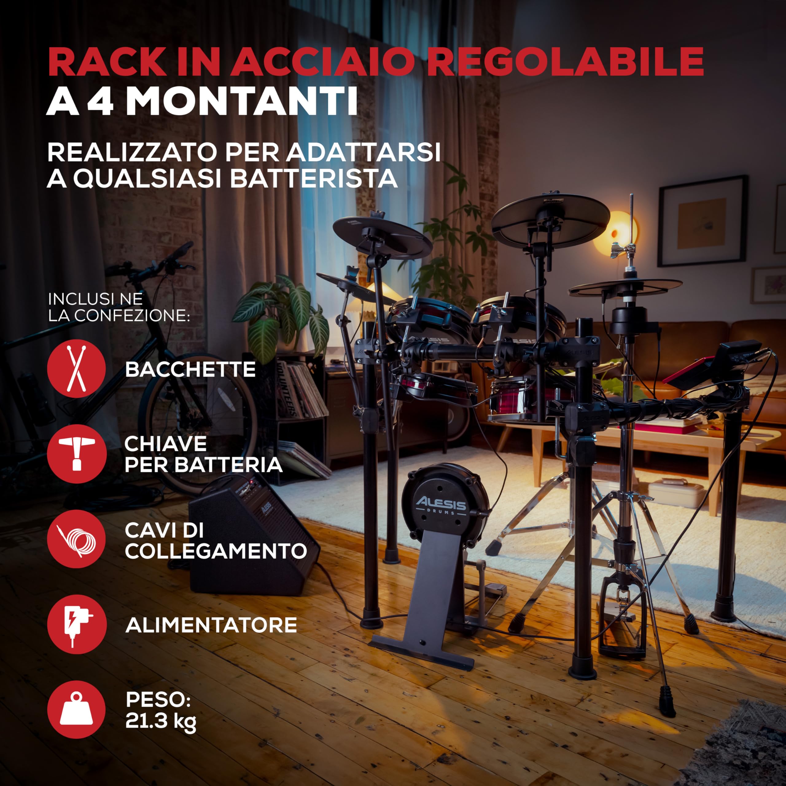 Alesis Nitro Ultimate Batteria Elettronica | Rullante 10" e Tom 8" Dual-Zone, Hi-Hat Mobile 10", 640+ Suoni BFD, Bluetooth, Drumeo, MIDI, Compatible con Doppio Pedale