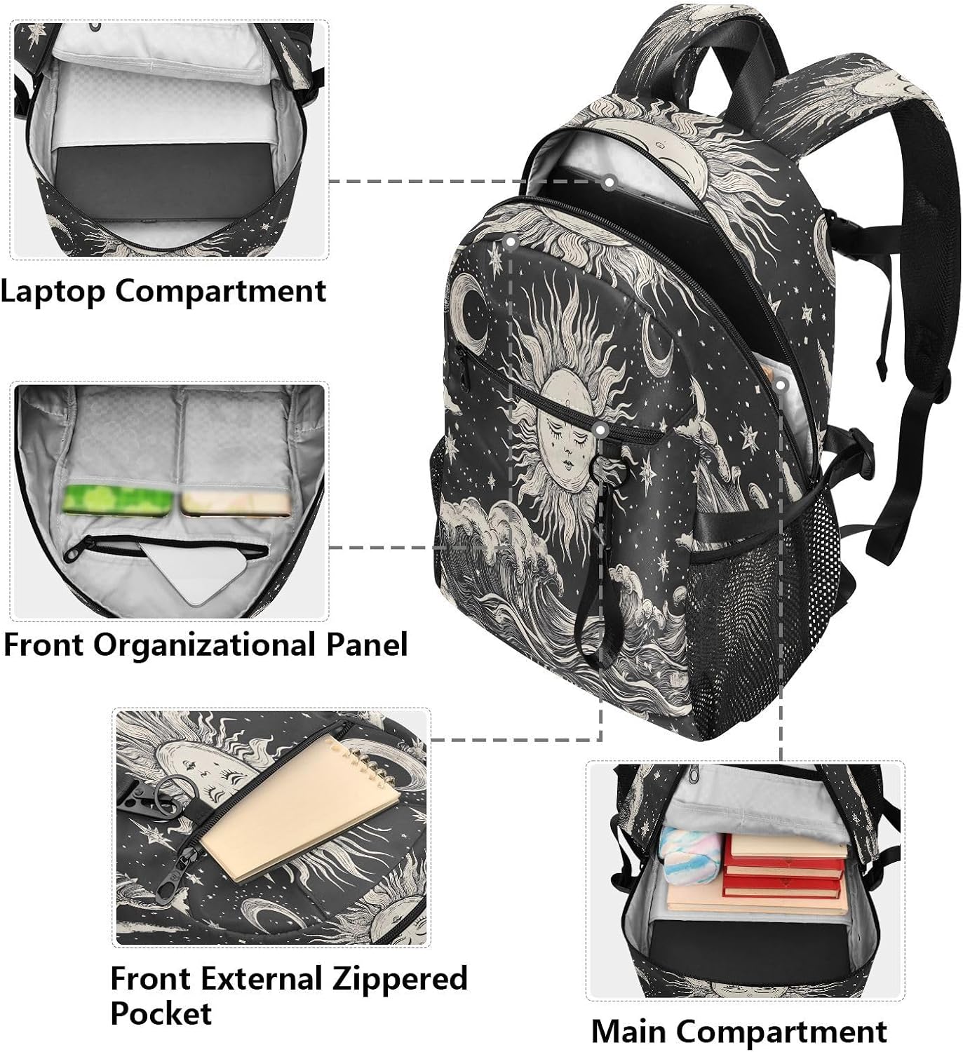 ALAZA Black Wave Sun Moon Mysterious Backpack Travel Laptop Backpack Purse for Women Men Teens Girls School Bag College Bookbag Water Resistant Casual Daypack image 5