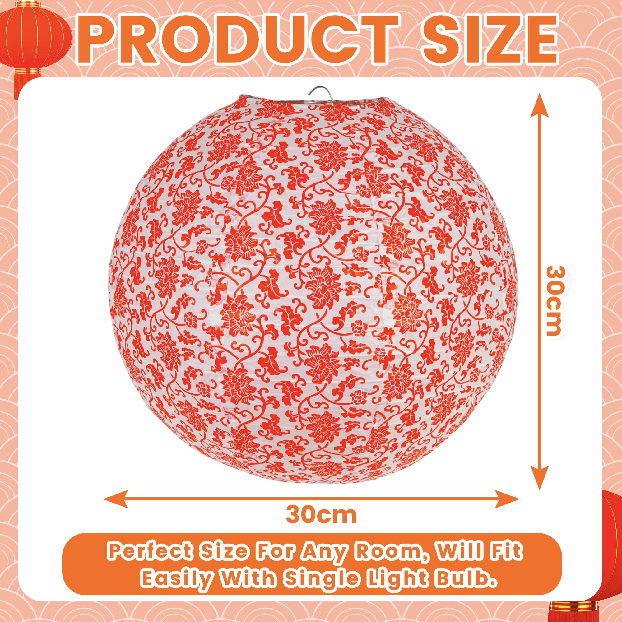 2pc Paper Lampshade Hanging Light Shade 30cm, Oriental Ribbed Japanese Ceiling Fixture with Cherry Blossom & Floral Patterns - Image 3