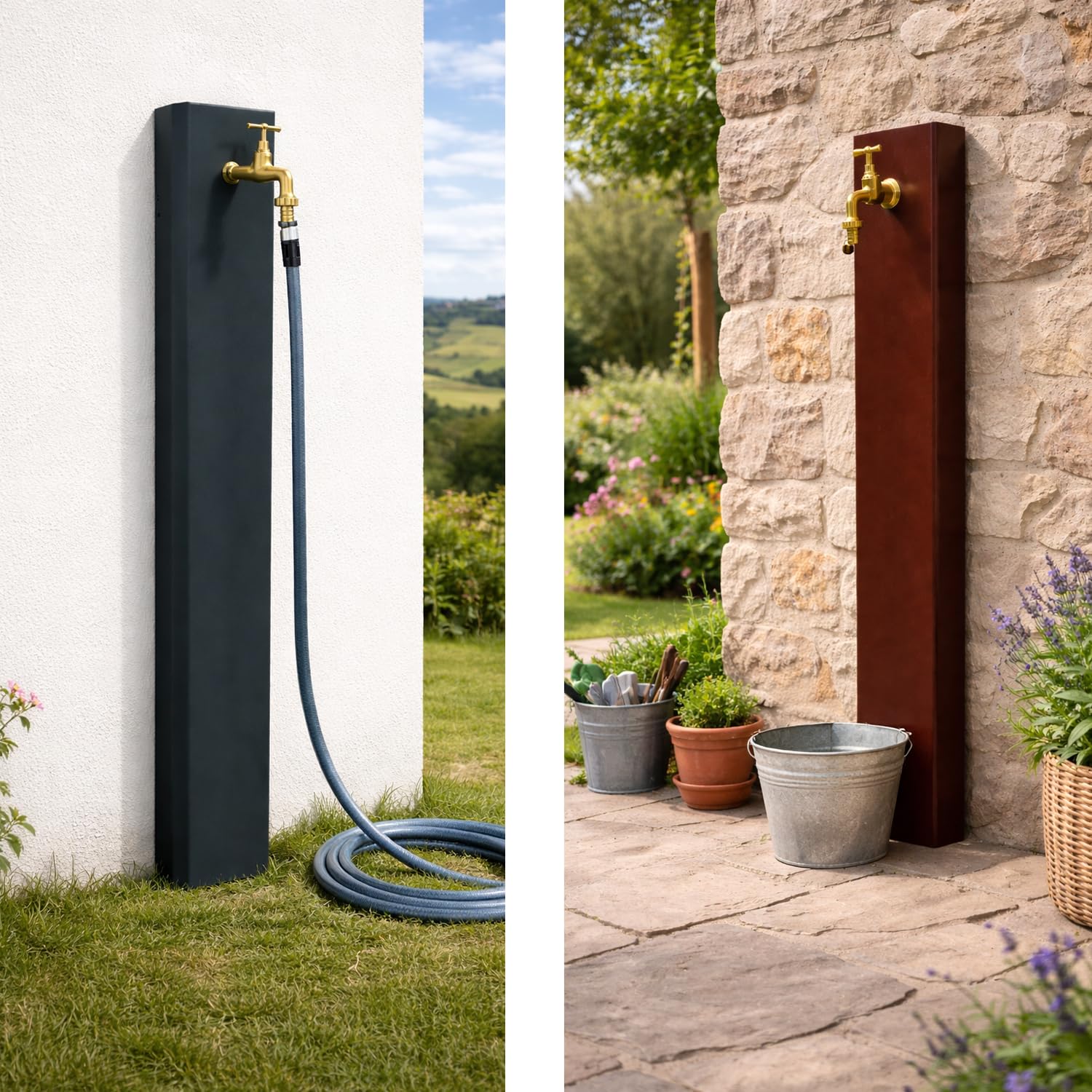 Fontana a Muro da Giardino Antracite, Fontana a Parete da Esterno in Acciaio Verniciato, Rubinetto in Ottone con Tubo Flessibile e Raccordo, Fontanella Made in Italy