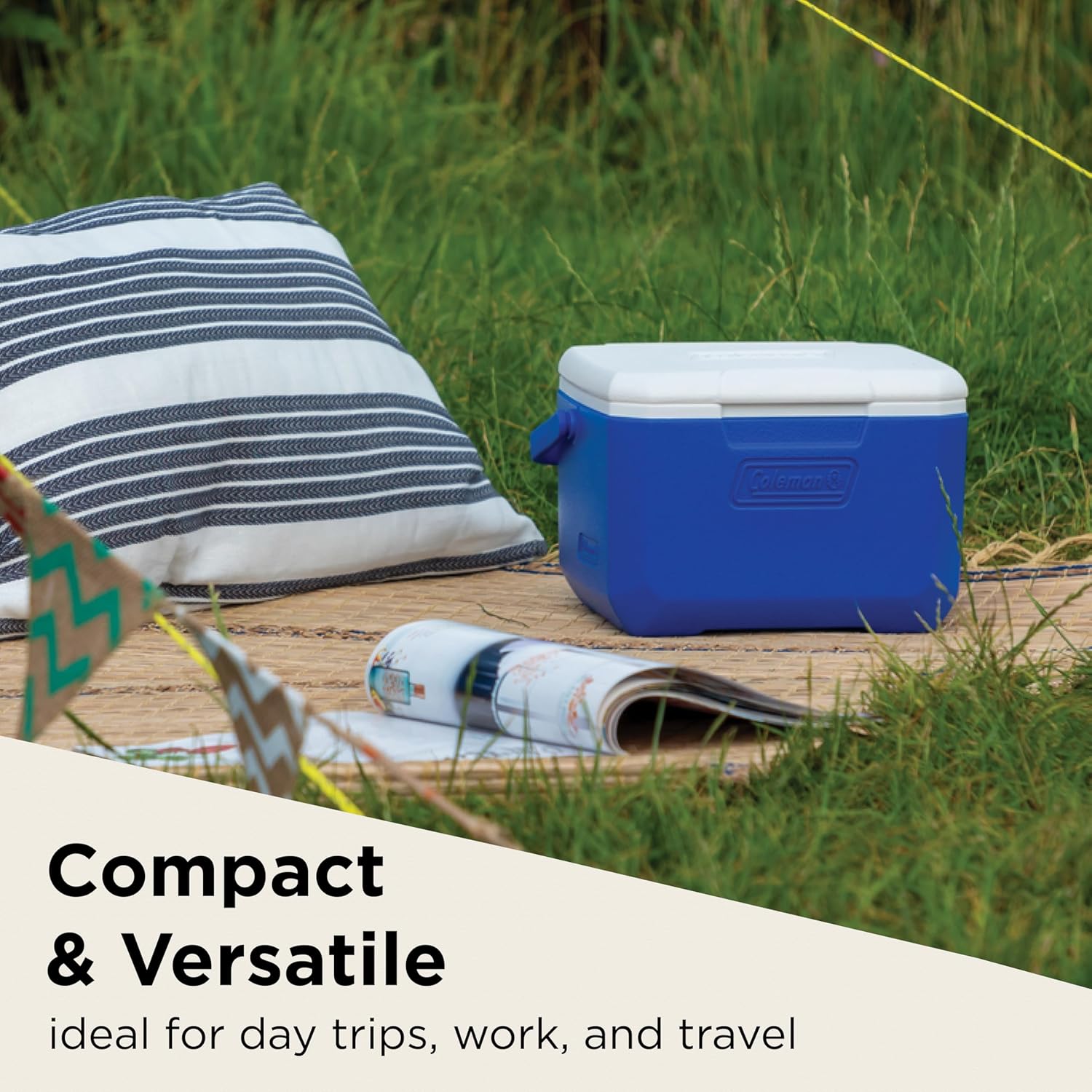 Coleman FlipLid 6 Personal Cooler on a mat in a grassy outdoor setting