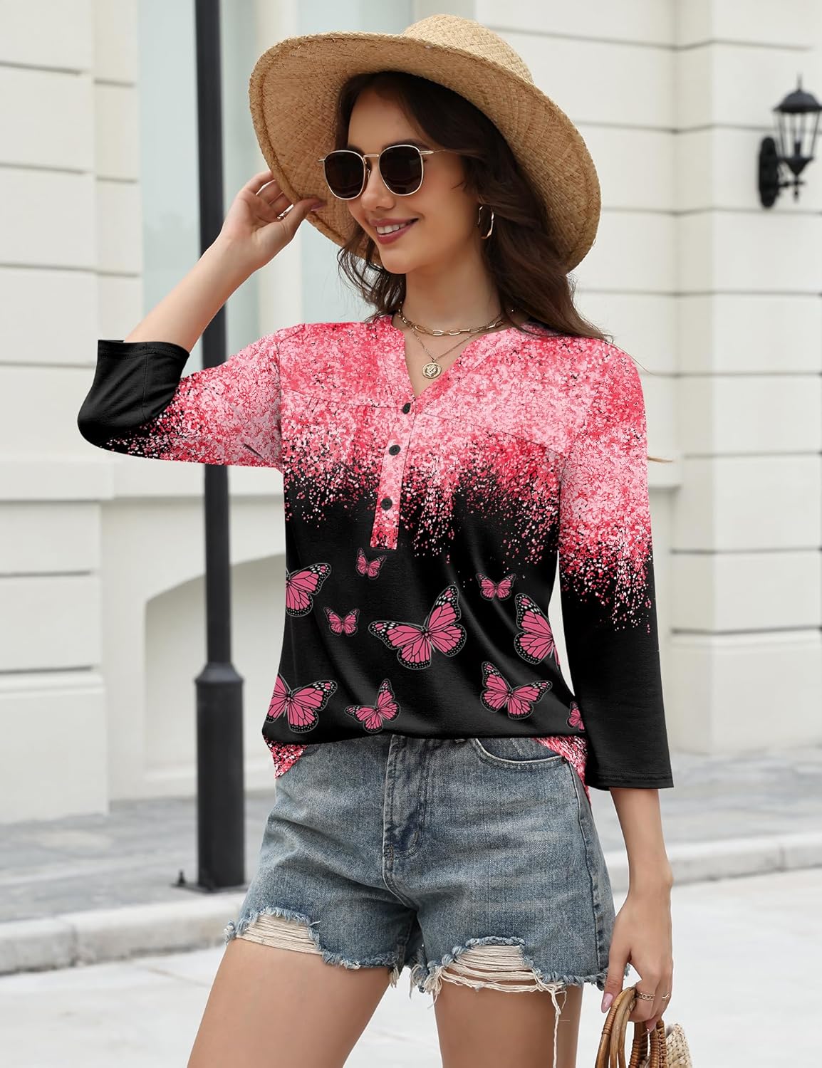 LOMON Womens Tops 3/4 Sleeve Botton Down Shirts Casual V Neck Tunic Blouses Pleated Fashion Summer Tees 2026 Trendy S-3XL - Image 3