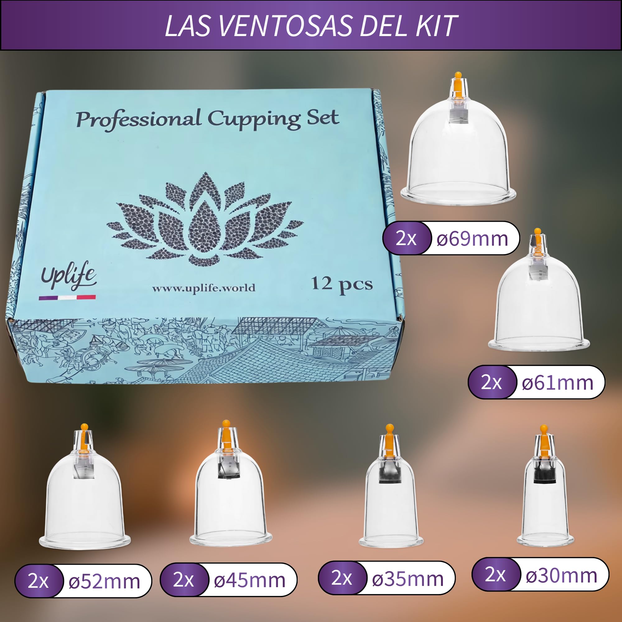 Uplife Set de 12 Ventosas Fisioterapia - Ventosaterapia Masaje de Espalda, Dolor de Espalda y Cuello, Vacumterapia Glúteos - Masajeador para Celulitis y Masaje Anticelulítico Reductor