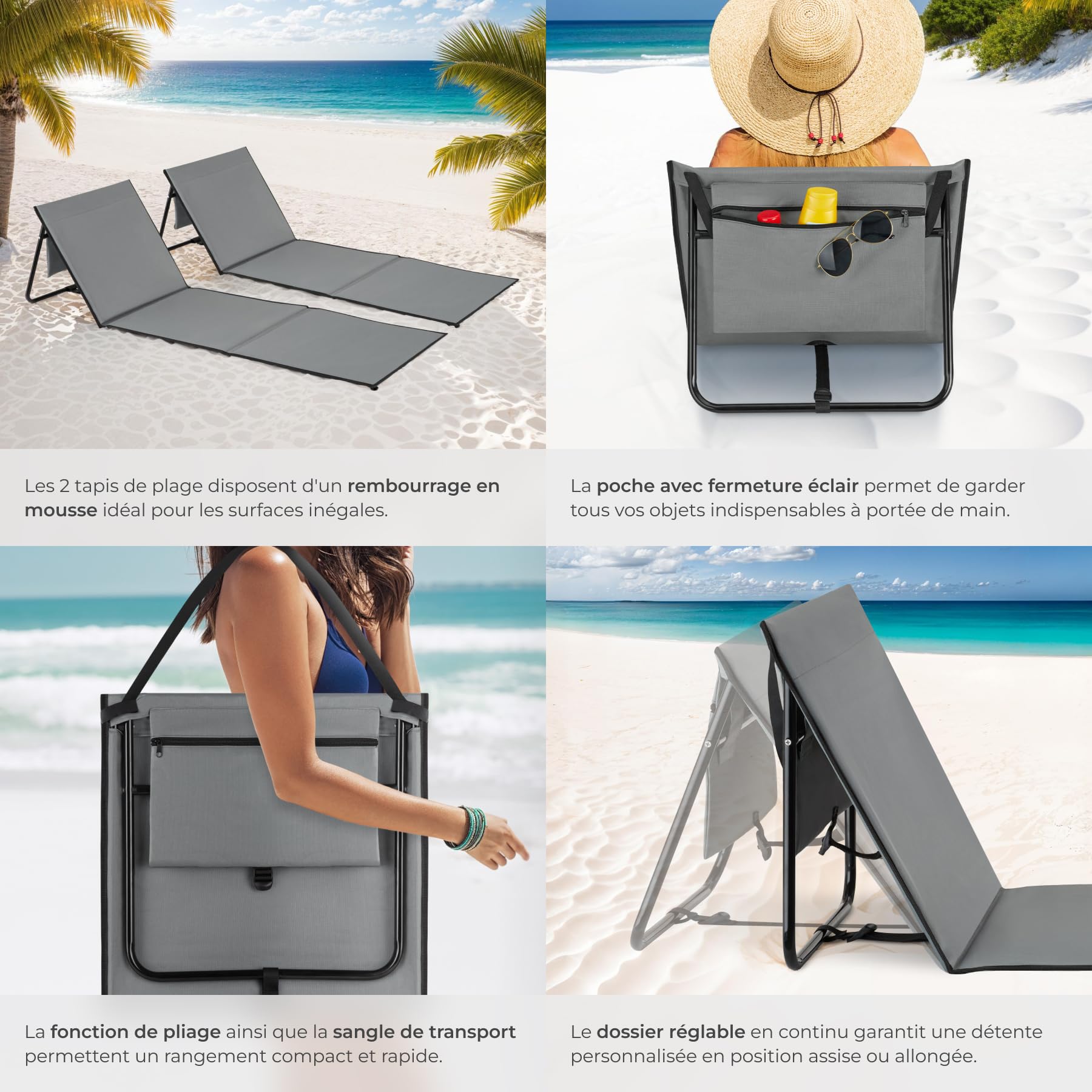tectake® Lot de 2 Matelas de Plage Pliable avec Dossier Réglable Bain de Soleil Chaise Longue de Plage avec Sangle de Transport, Matelas Pliable 1 Personne idéal Camping, Voyage