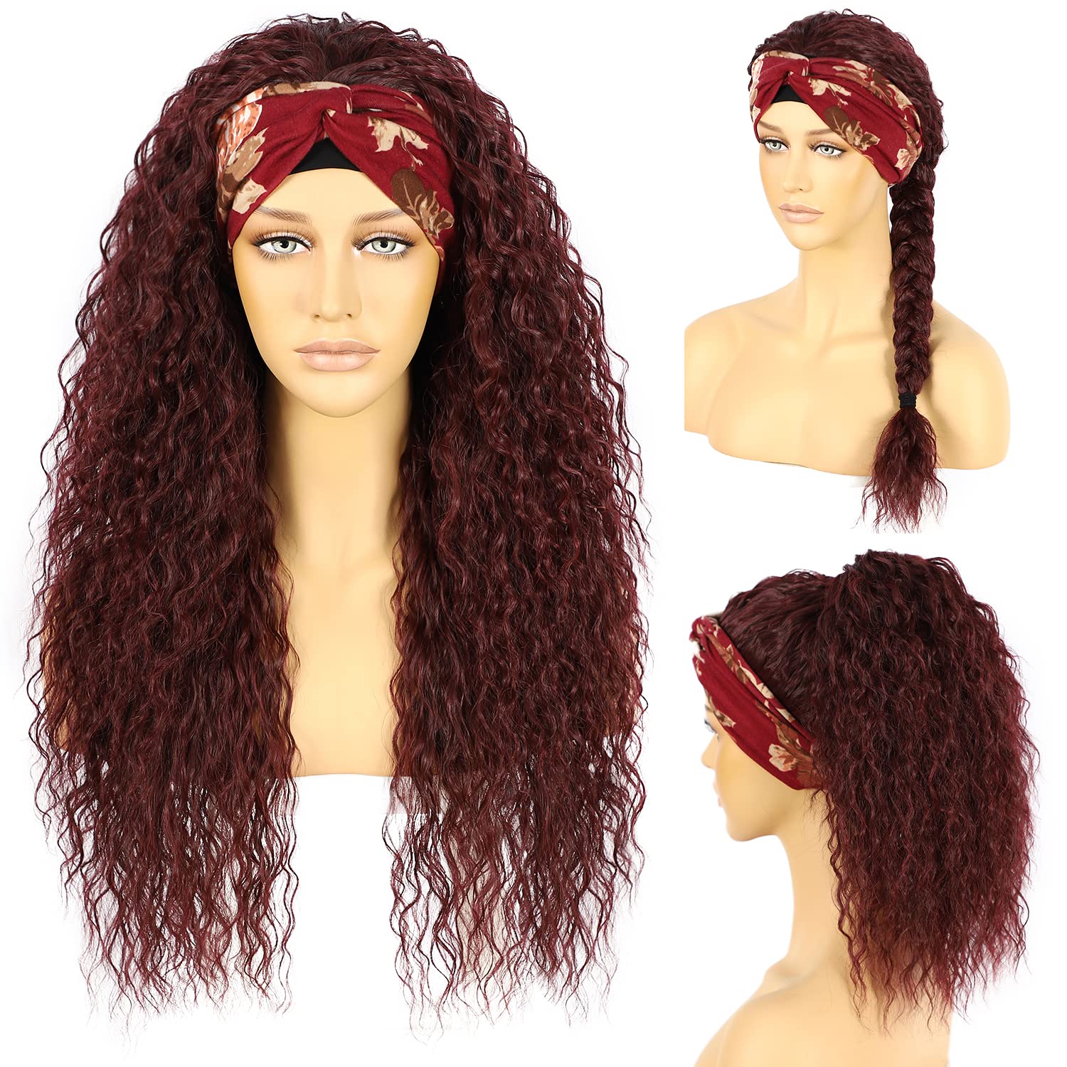 SOMIARIK Headband Wigs for Black Women Long Wave Synthetic Burgundy Wine Red Wig Glueless Hair None Lace Front Wigs Machine Made Headband Wigs 130%