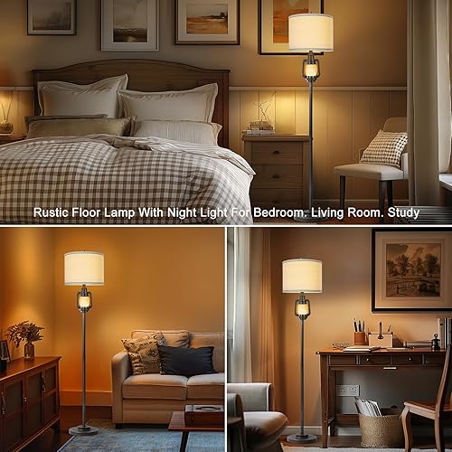 Miniatura 26 de Lámpara de pie rústica con bandeja de metal para sala de estar con luz nocturna, lámpara alta vintage con pantalla de tela de lino, lámpara de pie
