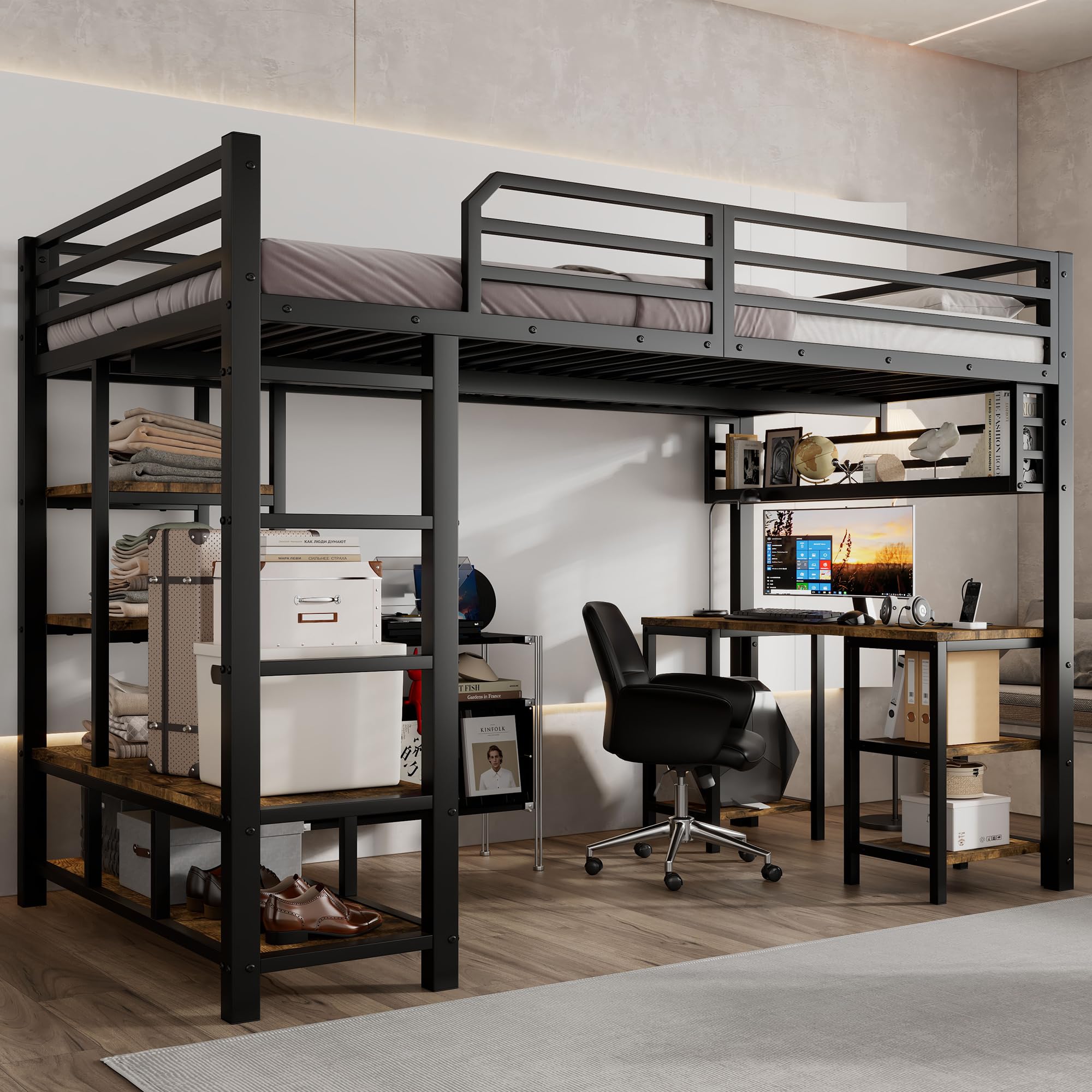 Cama alta de metal, 120 x 200 cm, con escritorio y estante, cuna con barandilla de seguridad y escalera de 4 niveles, marco de hierro estable (negro y oscuro A)