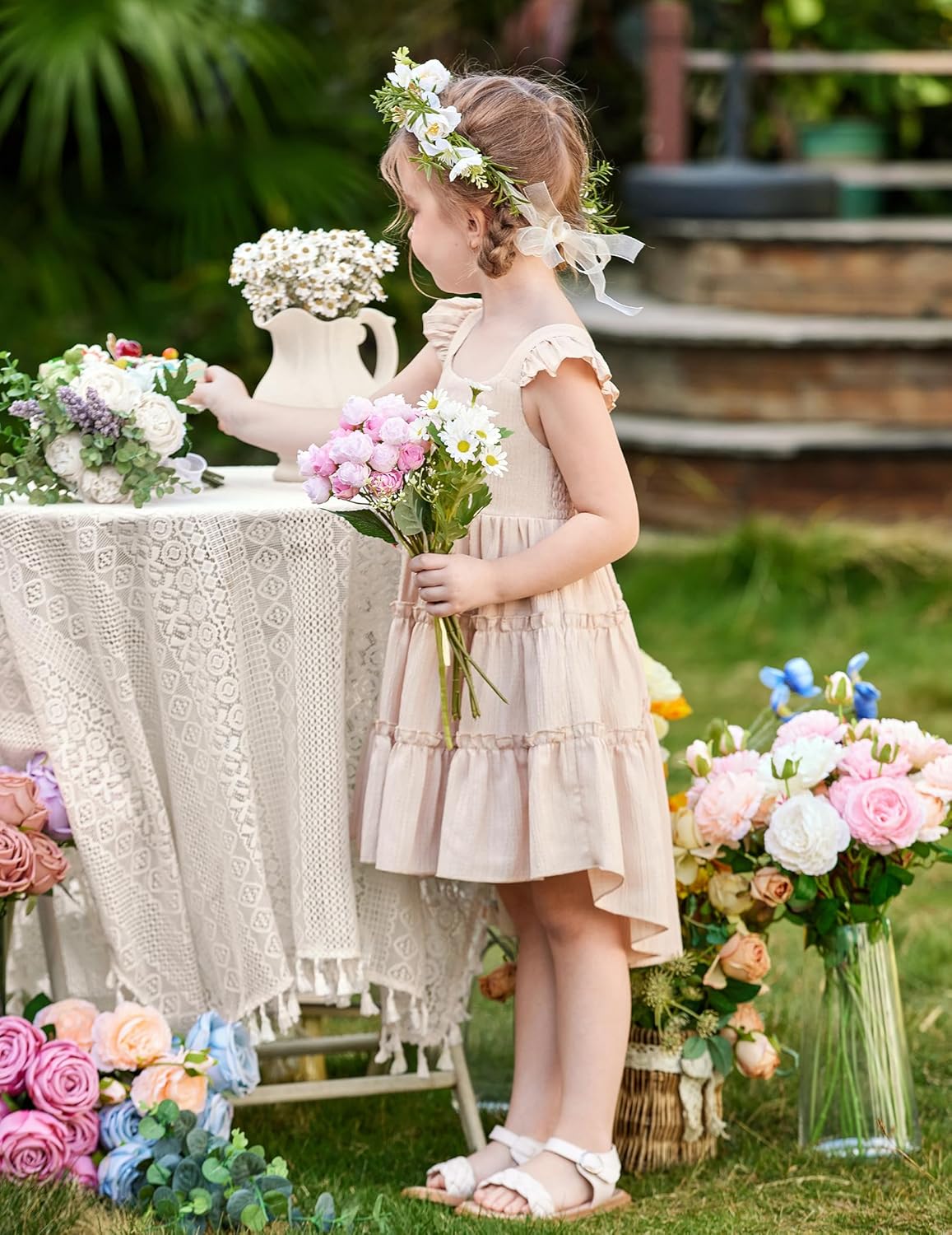 Arshiner Toddler Girls Dress Ruffle High-Low Hem Smocked Dresses Summer Beach Butterfly Sundress with Pocket - Image 5