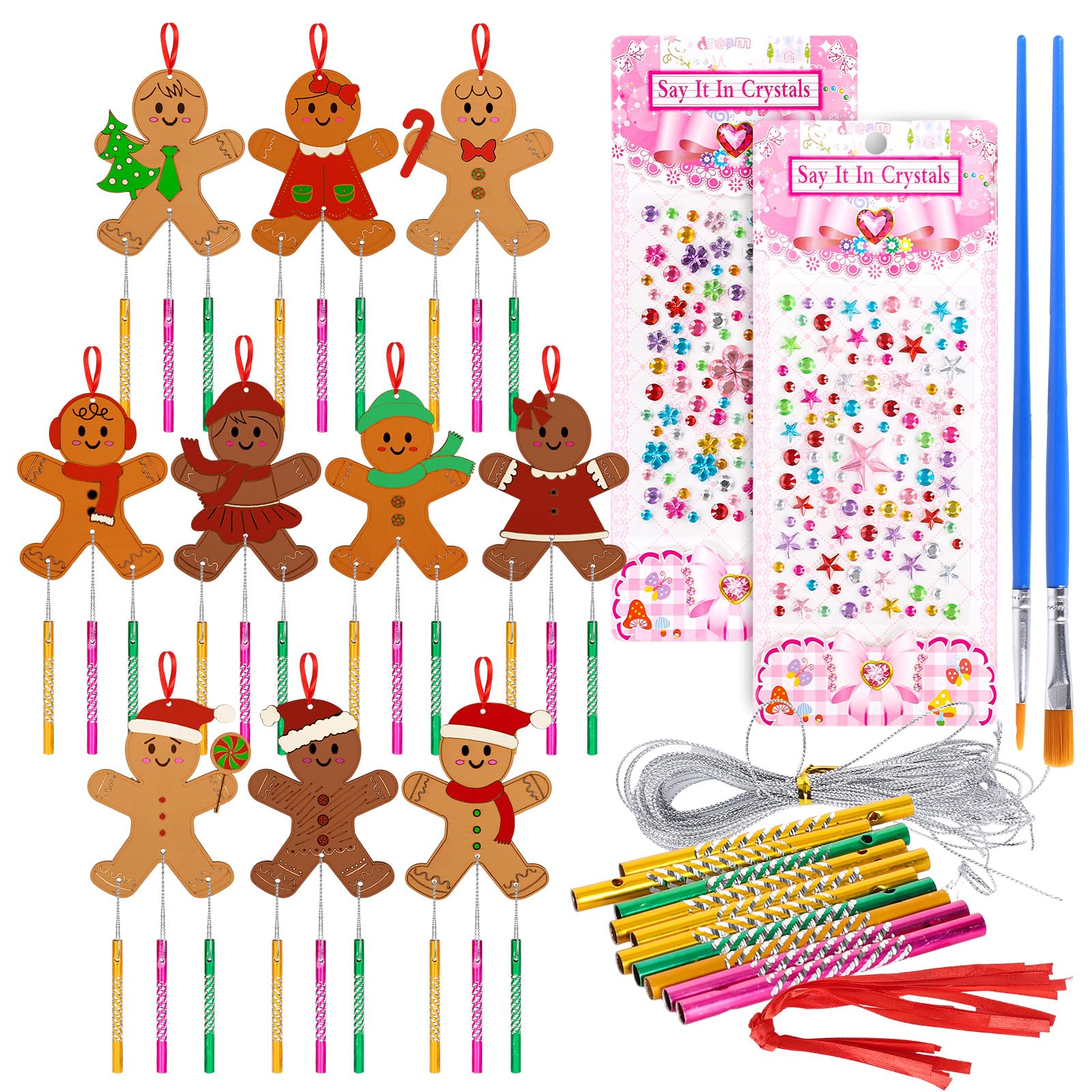 Carillon à vent de Noël en bois à colorier : kit de suspension bonhomme pain d'épices pour fête
