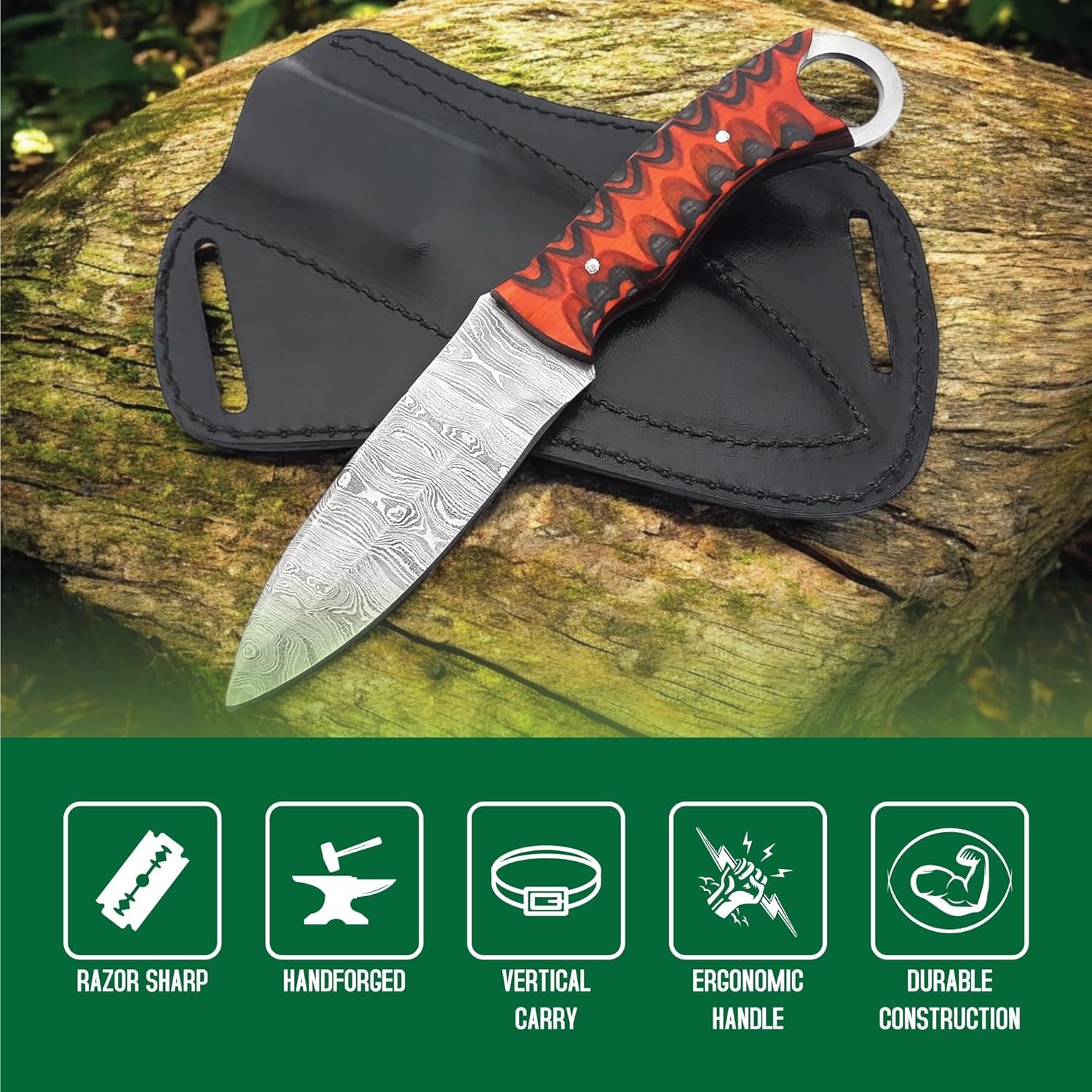 Handgeschmiedetes Jagdmesser mit Lederscheide – Bushcraft Messer mit feststehender Klinge & ergonomischem Rosenholzgriff – Outdoor Survival Scout Messer