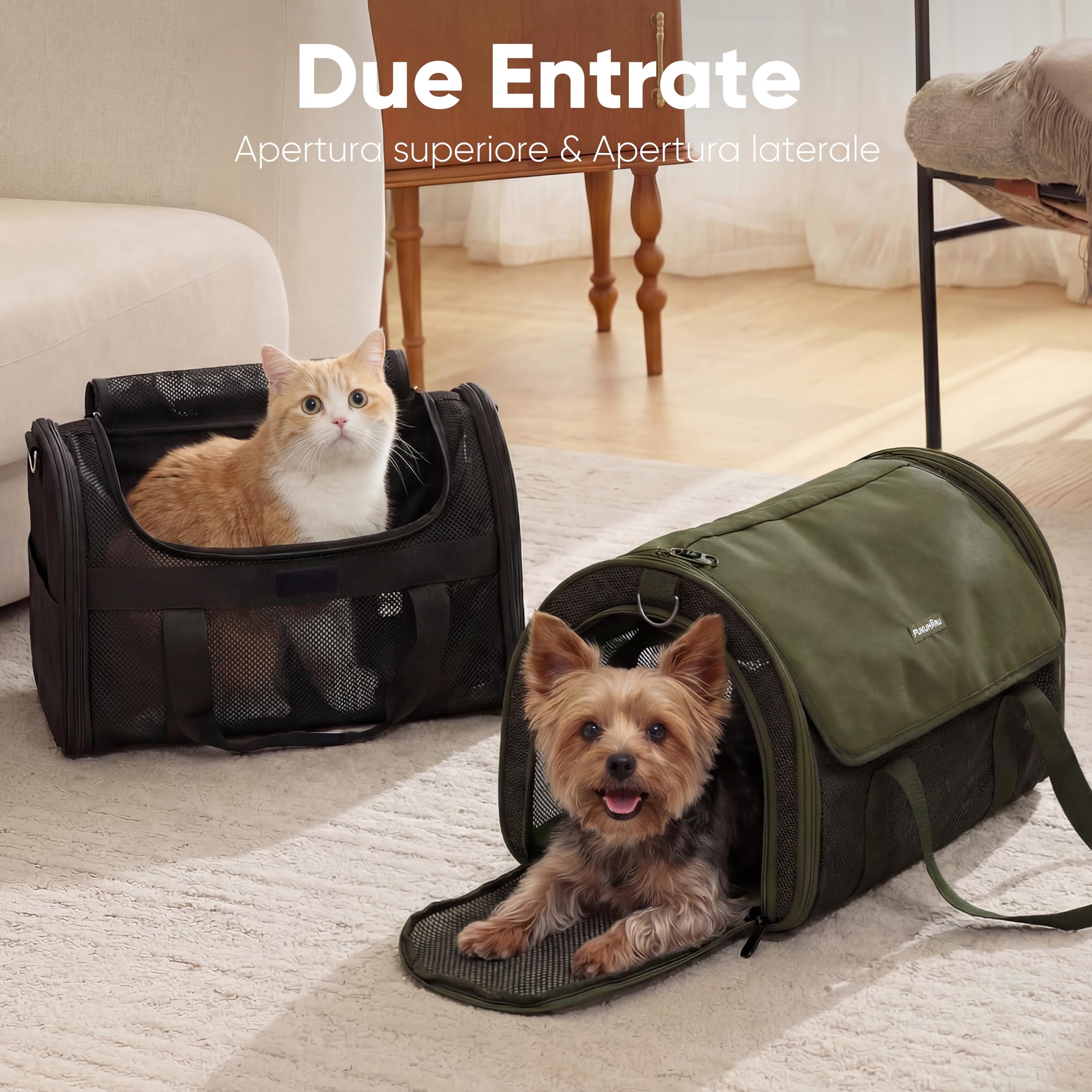 FUKUMARU Trasportino Gatto Cane Piccolo, Leggero e Traspirante, 46x28x28 cm, Approvato per Volo in Cabina, Pieghevole Morbido, Rete Anti-Graffio, Verde