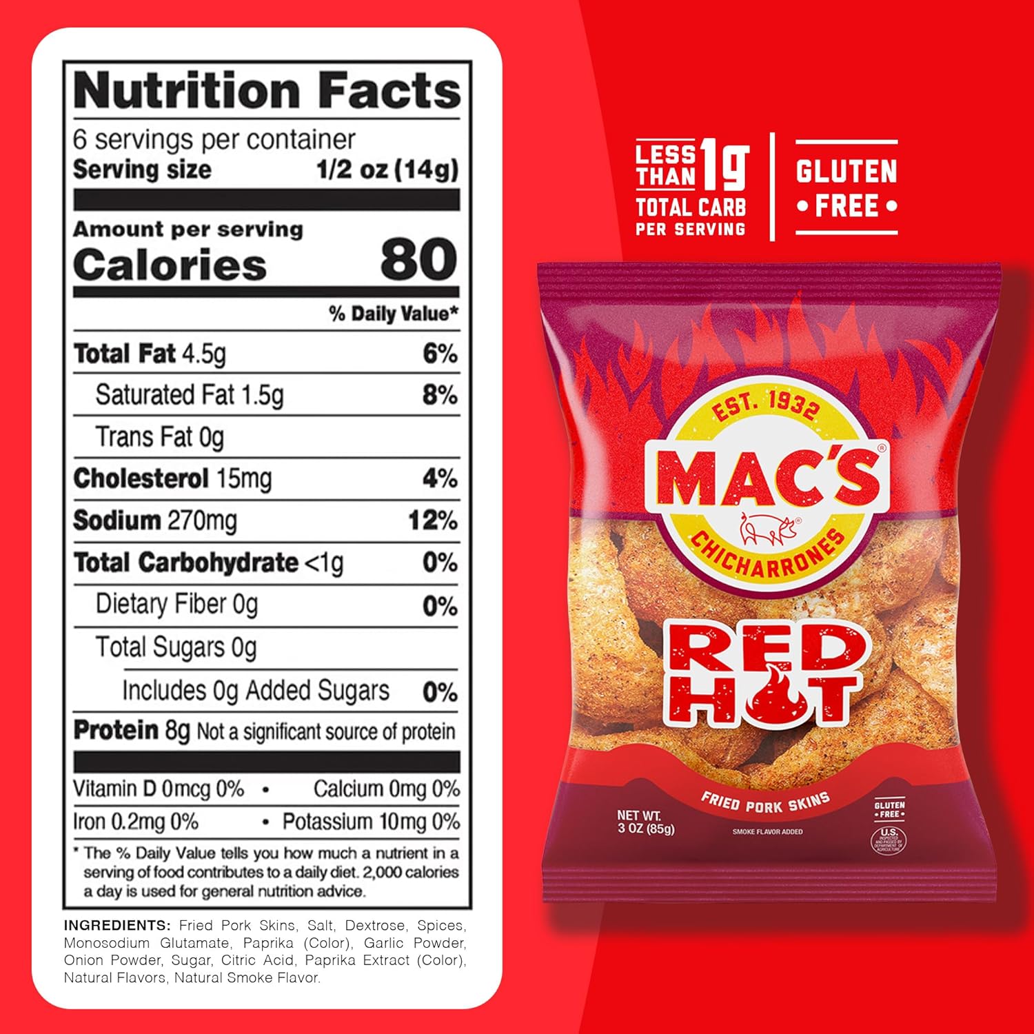 Mac's Hot Fried Pork Skins - Hot Flavored Chicharrones Pork Rinds - Low Carb, Gluten-Free, Keto-Friendly Snack- 3oz (12-Pack)